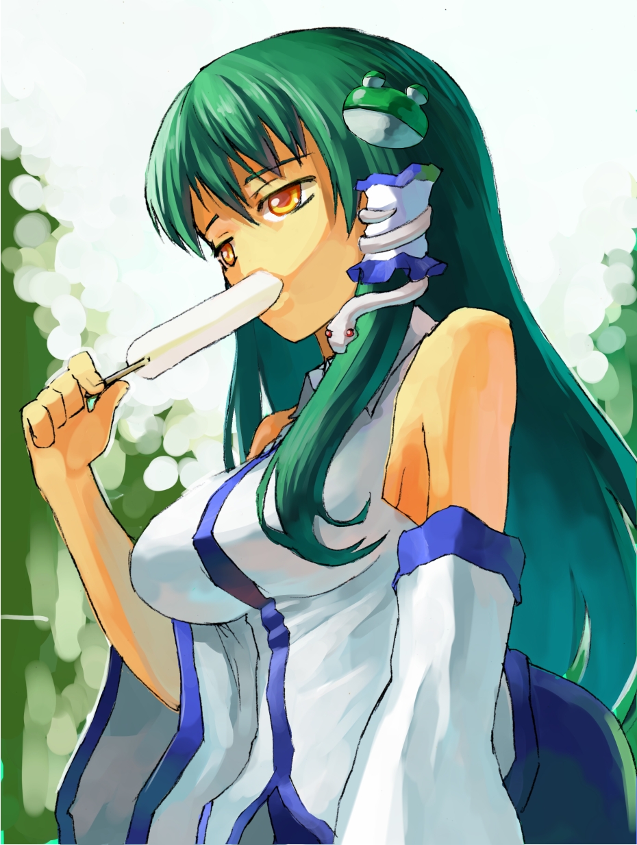 takeda kanryuusai, kochiya sanae, touhou, bad id, bad pixiv id, highres, 1girl, breasts, detached sleeves, female focus, food, frog, green hair, hair ornament, long hair, no nose, popsicle, snake, solo, standing, upper body, yellow eyes