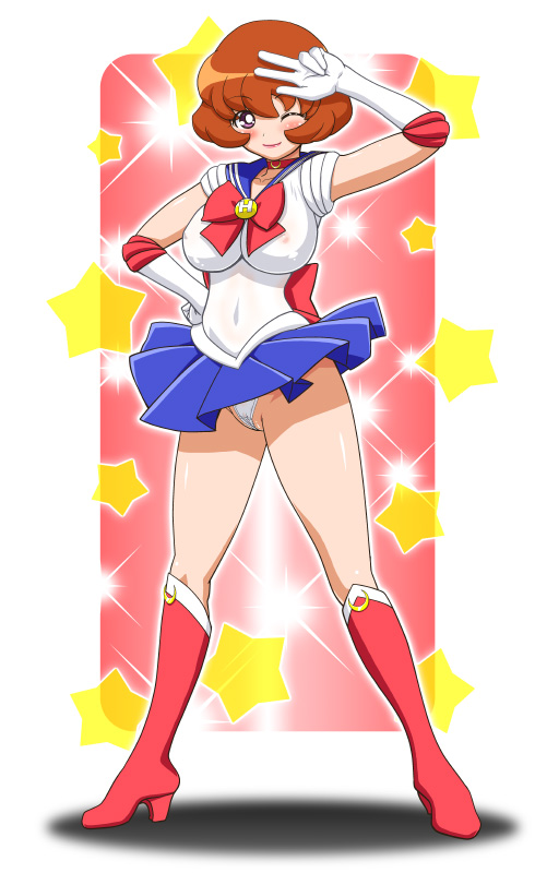 gambler club, kohsaka jun, bashin hayami, sailor moon, speed star, battle spirits, battle spirits: shounen toppa bashin, bishoujo senshi sailor moon, 1girl, arm up, blue sailor collar, blue skirt, blush, bob cut, boots, bow, breasts, brown hair, cameltoe, clothes lift, cosplay, covered erect nipples, elbow gloves, female focus, gloves, hand on own hip, high heels, impossible clothes, impossible shirt, knee boots, large breasts, lipstick, looking at viewer, magical girl, makeup, mature female, nipples, one eye closed, panties, pantyshot, pleated skirt, purple eyes, pussy, pussy peek, red bow, sailor collar, sailor moon (cosplay), see-through clothes, shadow, shirt, shoes, short hair, skirt, skirt lift, smile, solo, sparkle, standing, star (symbol), thighs, underwear, upskirt, v, wedgie, white gloves, white panties, wind, wind lift, wink