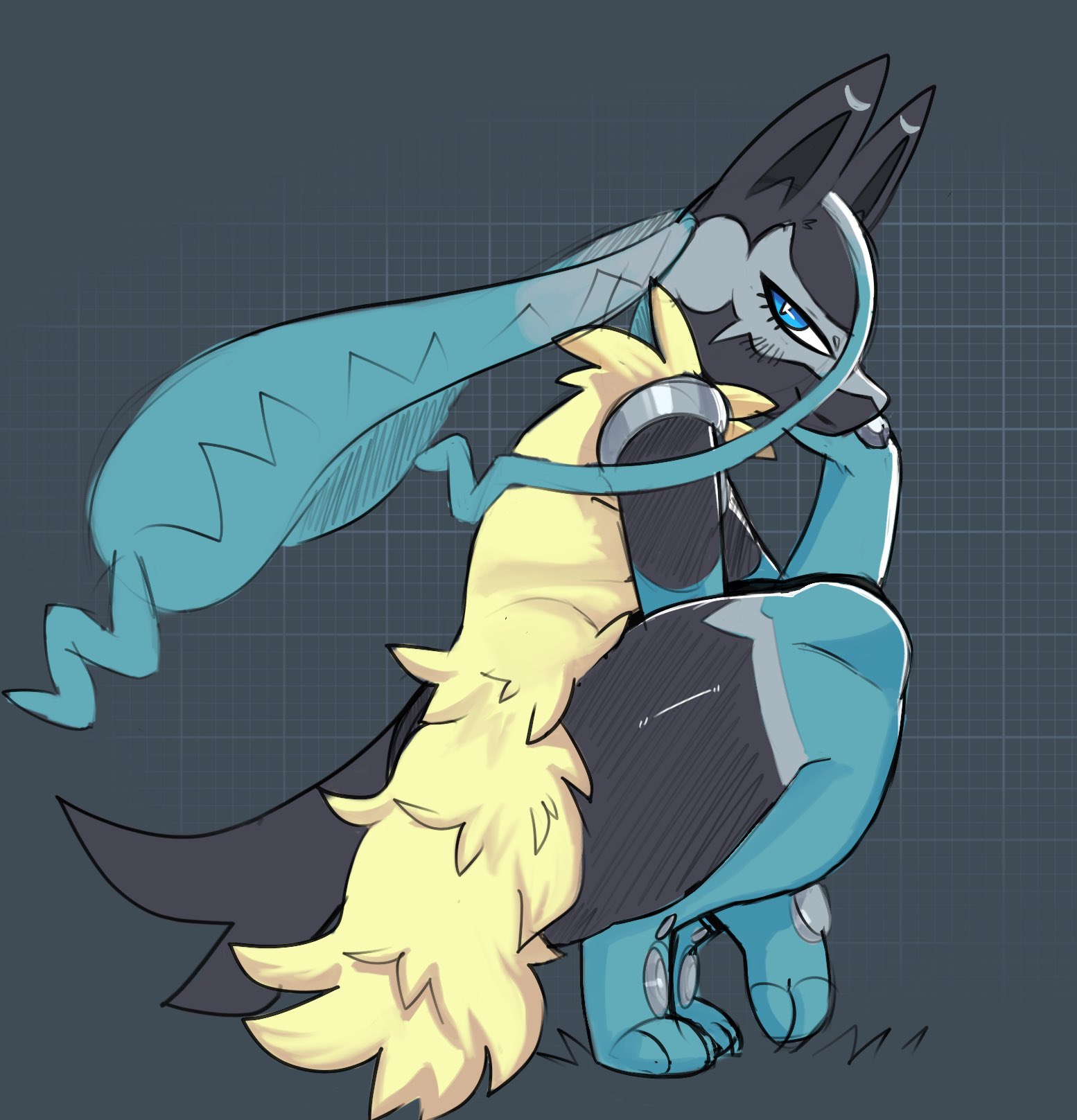 mega lucario z, nintendo, pokemon, highres, astralc0de, black fur, blue eyes, blue fur, grey background, grid background, multicolored fur, pokemon (creature), solo, squatting, tail, yellow fur