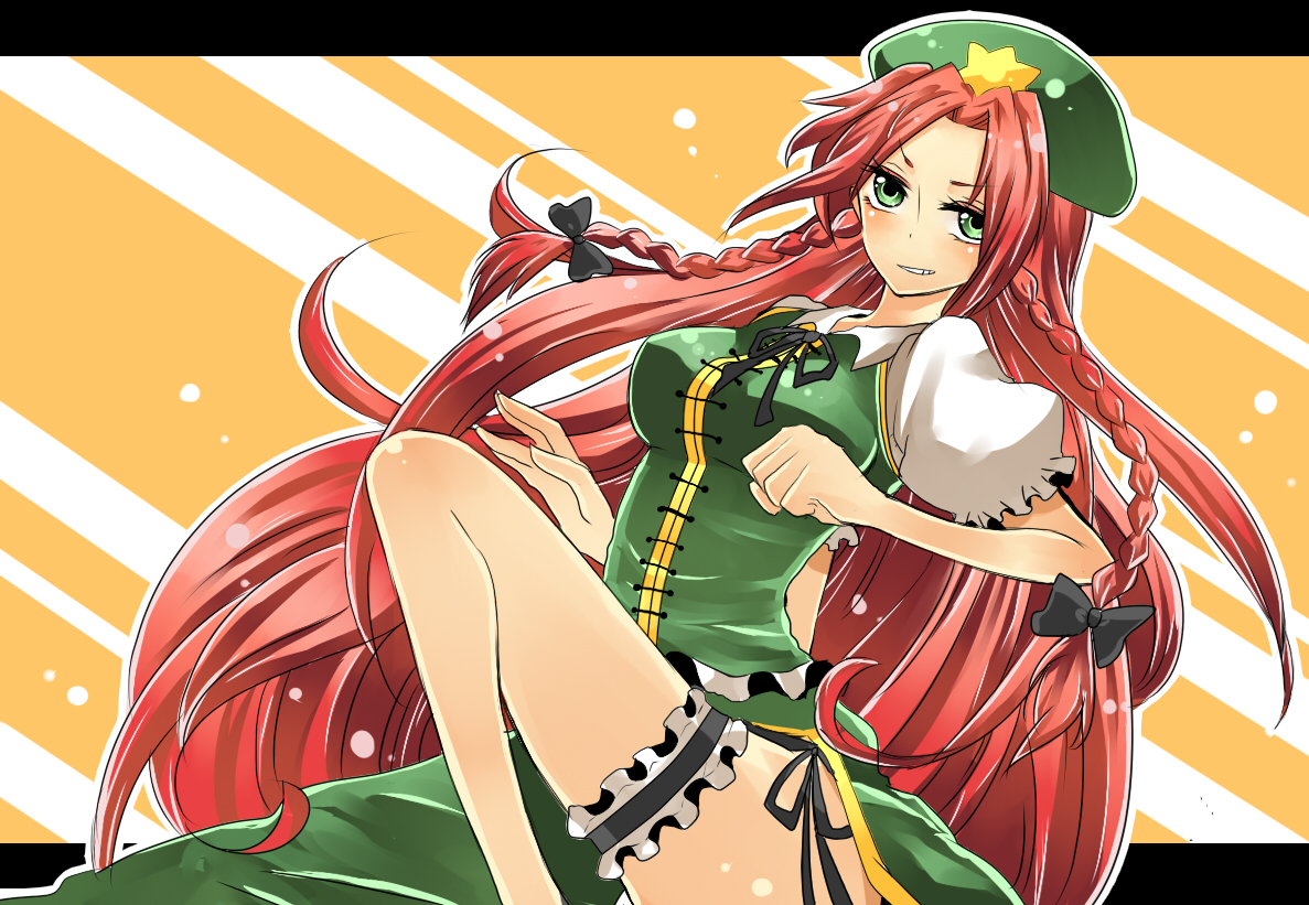 motimoti, hong meiling, immaterial and missing power, touhou, bad id, bad pixiv id, 1girl, braid, breasts, china dress, chinese clothes, dress, female focus, green eyes, hat, letterboxed, long hair, red hair, solo, twin braids
