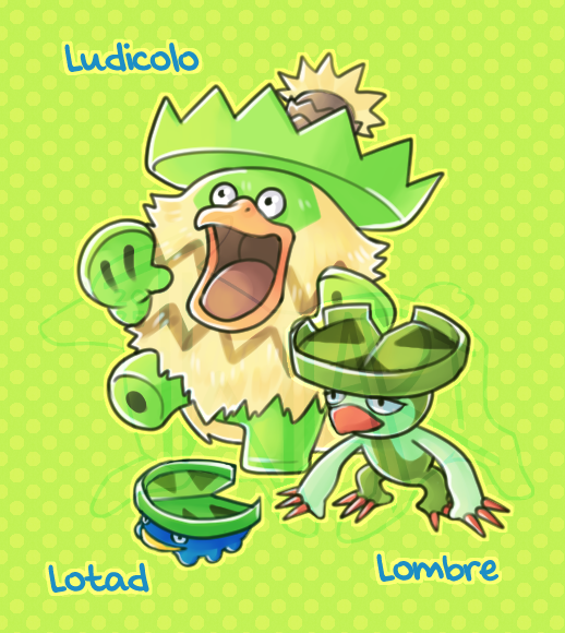 twilidramonart, lombre, lotad, ludicolo, nintendo, pokemon, character name, evolutionary line, gen 3 pokemon, green background, no humans, open mouth, pokemon (creature), polka dot, polka dot background