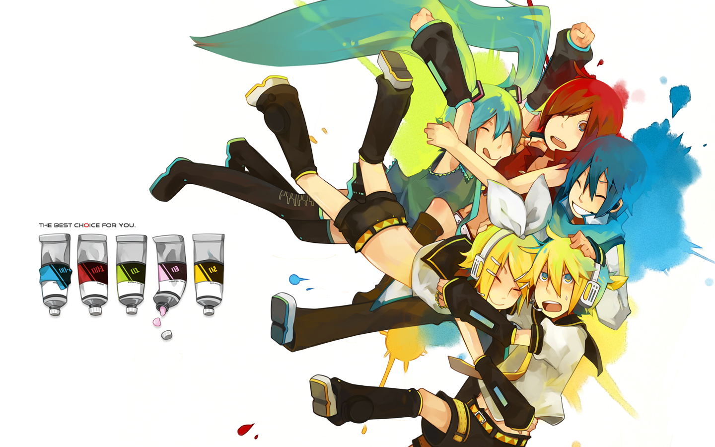 glider (guraida), guraida, hatsune miku, kagamine len, kagamine rin, kaito (vocaloid), meiko (vocaloid), vocaloid, 2boys, 3girls, aqua eyes, aqua hair, blonde hair, blue hair, blush, brown eyes, brown hair, detached sleeves, hair ornament, hair ribbon, hairclip, headphones, long hair, midriff, multiple boys, multiple girls, necktie, paint, ribbon, short hair, shorts, siblings, skirt, smile, sweat, twins, twintails