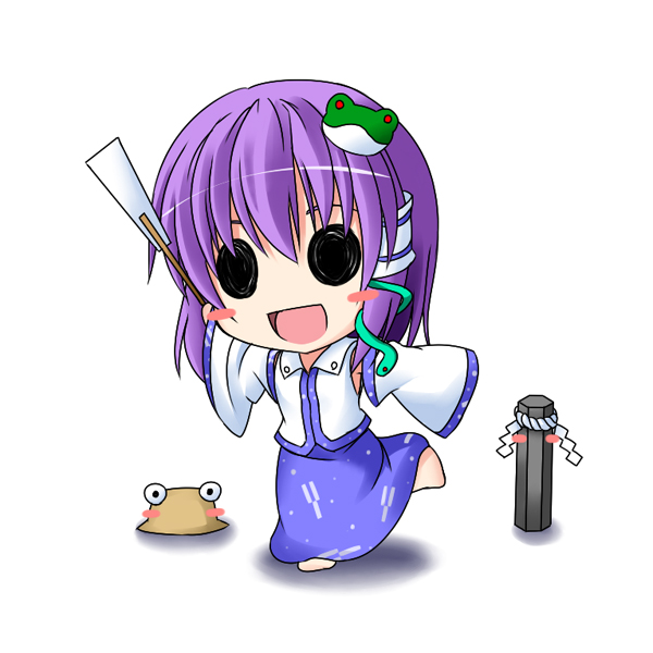 ichimi, kochiya sanae, nagae iku, pyonta, touhou, 1girl, chibi, cosplay, detached sleeves, female focus, hat, kochiya sanae (cosplay), onbashira, purple hair, solid circle eyes, solo