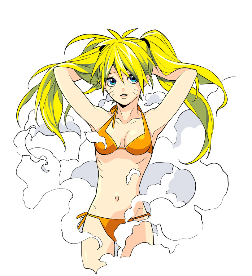 nakajou akira, naruko (naruto), uzumaki naruto, naruto (classic), naruto (series), bad id, bad pixiv id, 1girl, armpits, arms behind head, arms up, bikini, blonde hair, blue eyes, bra, breasts, breasts apart, cleavage, cloud, collarbone, facial mark, facing viewer, female focus, genderswap, genderswap (mtf), hair between eyes, hair tie, hands in own hair, hands up, long hair, looking at viewer, navel, orange bikini, orange bra, orange panties, panties, parted lips, ribs, sexy no jutsu, side-tie panties, simple background, small breasts, smoke, solo, standing, swimsuit, teeth, twintails, underwear, whisker markings, whiskers, white background