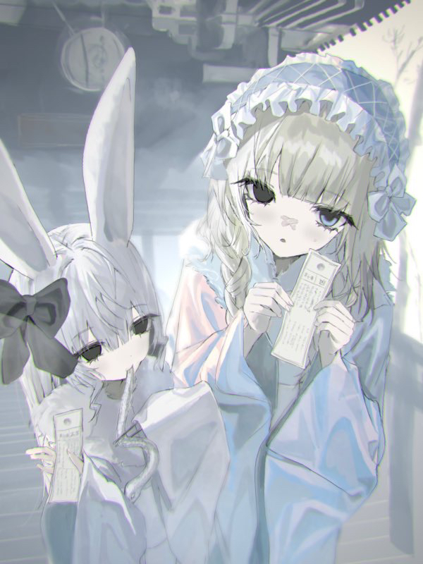 hayu (hayu0305), original, 2girls, animal ears, black eyes, blonde hair, blue eyes, bow, frilled hairband, frills, hair bow, hairband, holding, long sleeves, looking at viewer, multiple girls, new year, rabbit ears, rabbit girl, upper body, white hair, wide sleeves