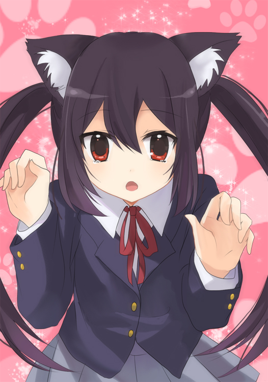 chocho (homelessfox), nakano azusa, k-on!, bad id, bad pixiv id, 00s, 1girl, animal ears, black hair, blazer, cat ears, cat girl, female focus, jacket, long hair, neck ribbon, red eyes, red ribbon, ribbon, school uniform, solo, tears, twintails