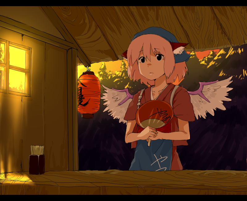 yokohachi, mystia lorelei, okamisty, touhou, 1girl, animal ears, anime coloring, apron, blue headscarf, female focus, food stand, hand fan, headscarf, japanese clothes, paper fan, pink hair, short hair, solo, tasuki, uchiwa, wings