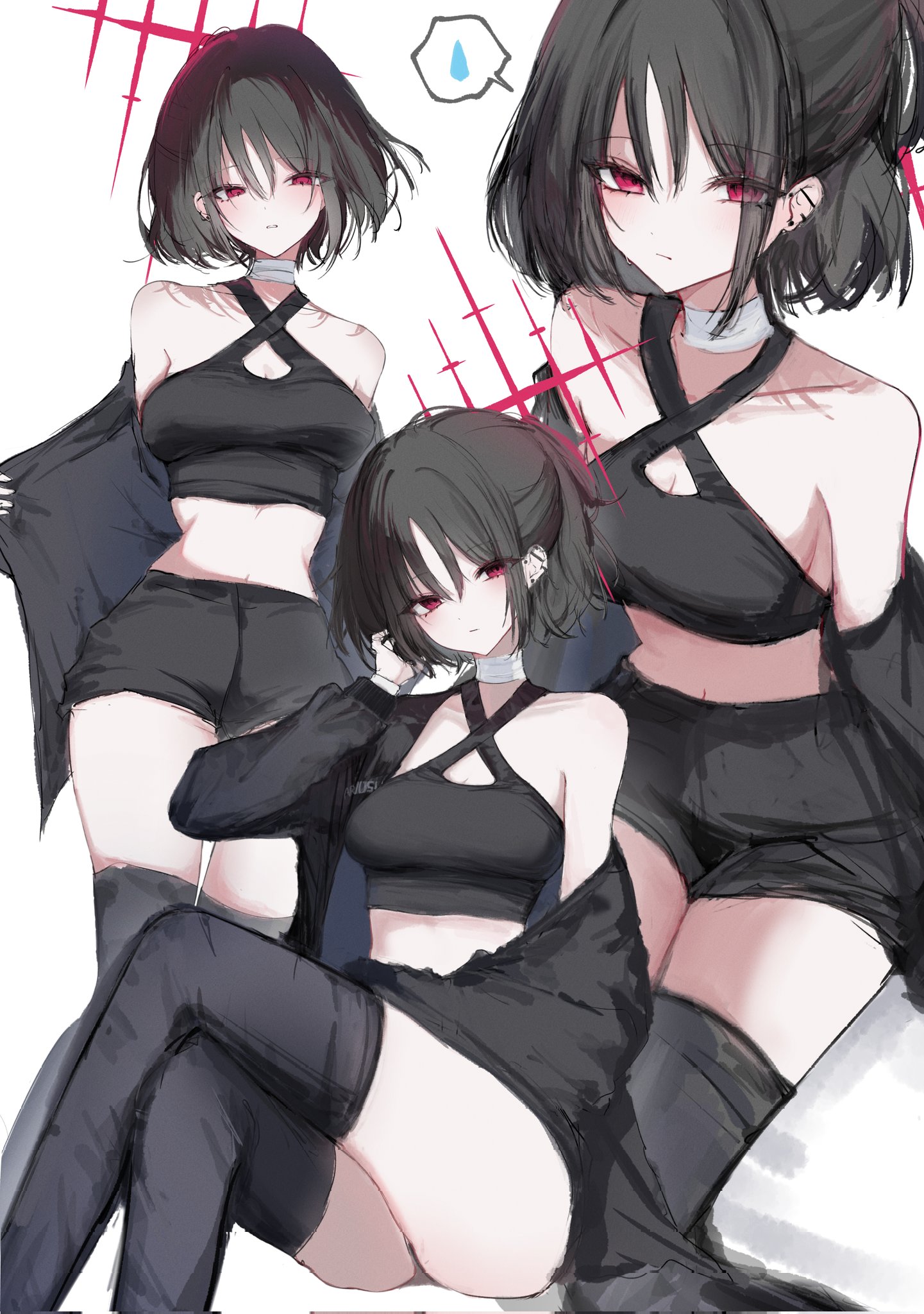 misaki (blue archive), misaki (zozotown) (blue archive), blue archive, zozotown, highres, 1girl, bandaged neck, bandages, barbell piercing, black boots, black jacket, black shoes, black shorts, boots, breasts, cleavage, criss-cross halter, ear piercing, halo, halterneck, industrial piercing, jacket, official alternate costume, official alternate hairstyle, open clothes, open jacket, piercing, red eyes, red halo, sain mx0, shoes, shorts, simple background, sitting, solo, thighs, white background