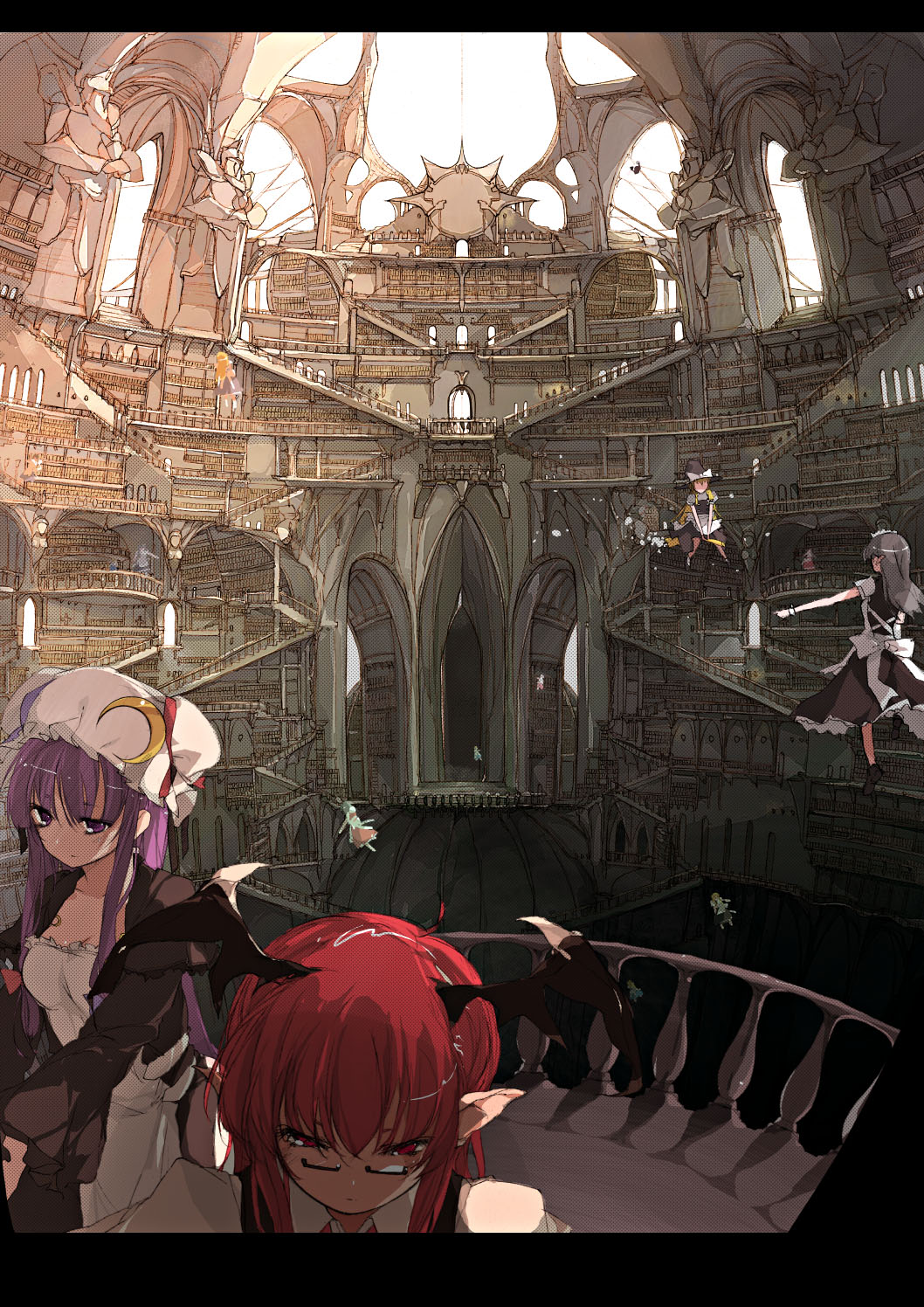 sakura sora, tamashii, izayoi sakuya, kirisame marisa, koakuma, patchouli knowledge, touhou, highres, 6+girls, adapted costume, alternate hair length, alternate hairstyle, bat wings, bespectacled, blonde hair, bookshelf, broom, broom riding, female focus, glasses, hat, head wings, letterboxed, library, long hair, maid, multiple girls, pointy ears, purple eyes, purple hair, red eyes, scenery, voile, wings, witch, witch hat