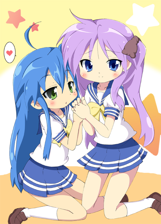 matsubara ryuu, hiiragi kagami, izumi konata, lucky star, bad id, bad pixiv id, 00s, 2girls, ahoge, blue eyes, blue hair, green eyes, heart, holding hands, kneeling, long hair, mole, mole under eye, multiple girls, purple hair, school uniform, serafuku, star (symbol), twintails