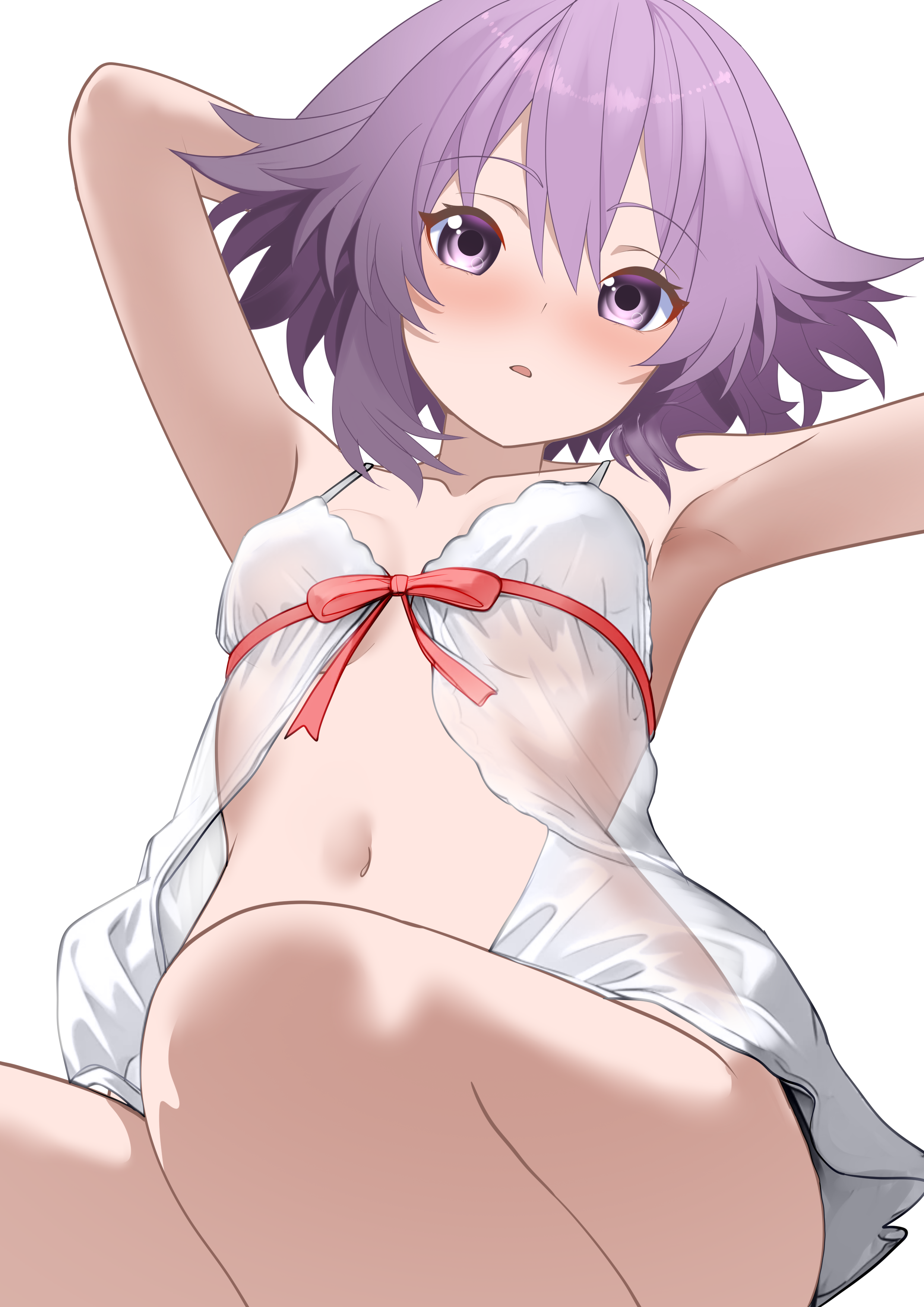 xueli shimazaki, neptune (neptunia), neptune (series), absurdres, commentary, english commentary, highres, 1girl, arm up, armpits, bow, breasts, lingerie, navel, negligee, purple eyes, purple hair, red bow, see-through clothes, short hair, sidelocks, small breasts, thighs, transparent background, underwear