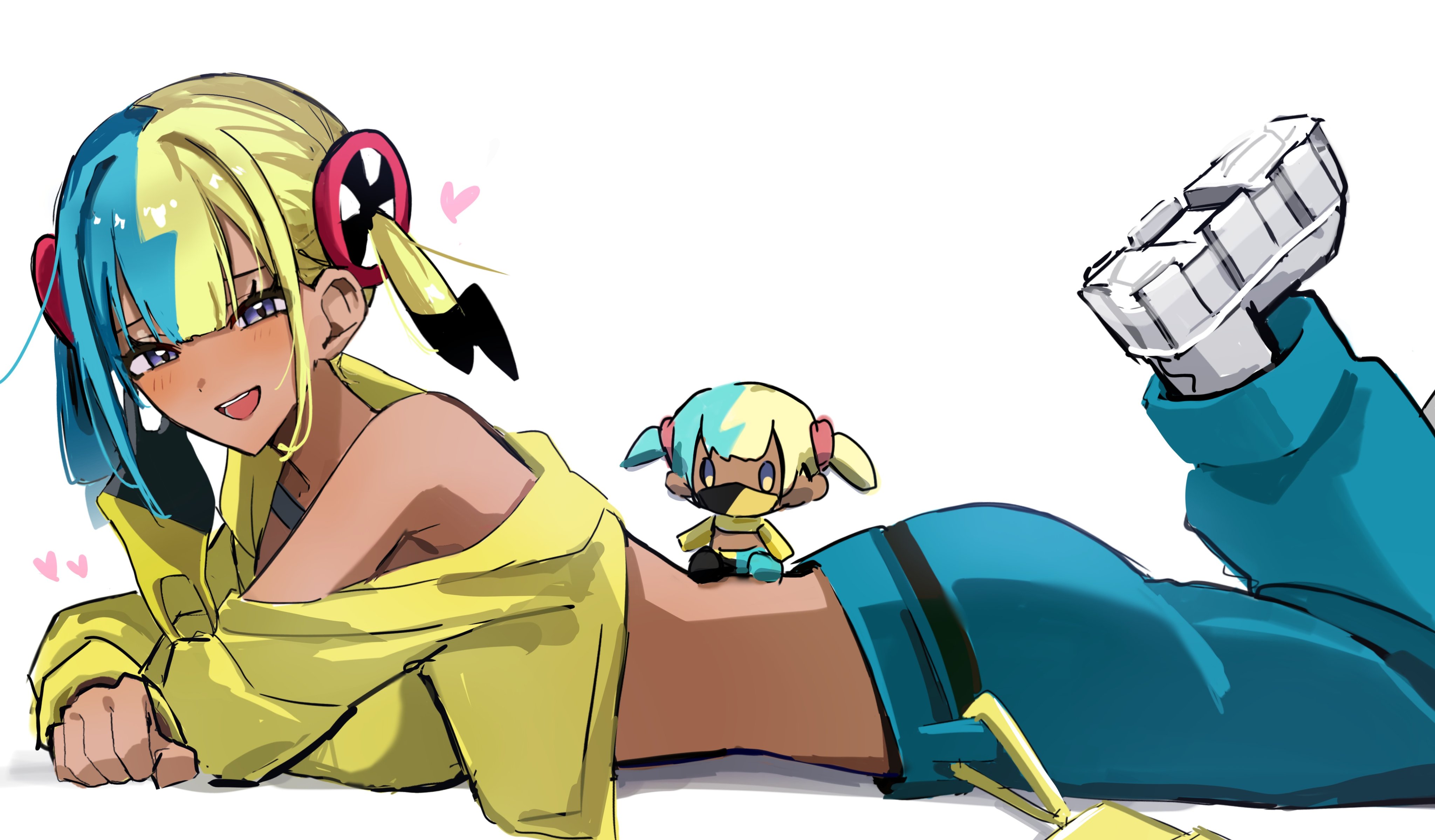 kairi0w0, canari (pokemon), nintendo, pokemon, pokemon legends: z-a, absurdres, highres, 1girl, aqua hair, ass, baggy pants, bandeau, blonde hair, blue eyes, blush, breasts, canari plush (pokemon), center-flap bangs, criss-cross straps, dark-skinned female, dark skin, hand up, head rest, heart, jacket, leg up, long sleeves, lying, medium breasts, multicolored hair, no mask, on stomach, pants, short twintails, solo, split-color hair, twintails, two-tone pants, yellow bandeau, yellow jacket