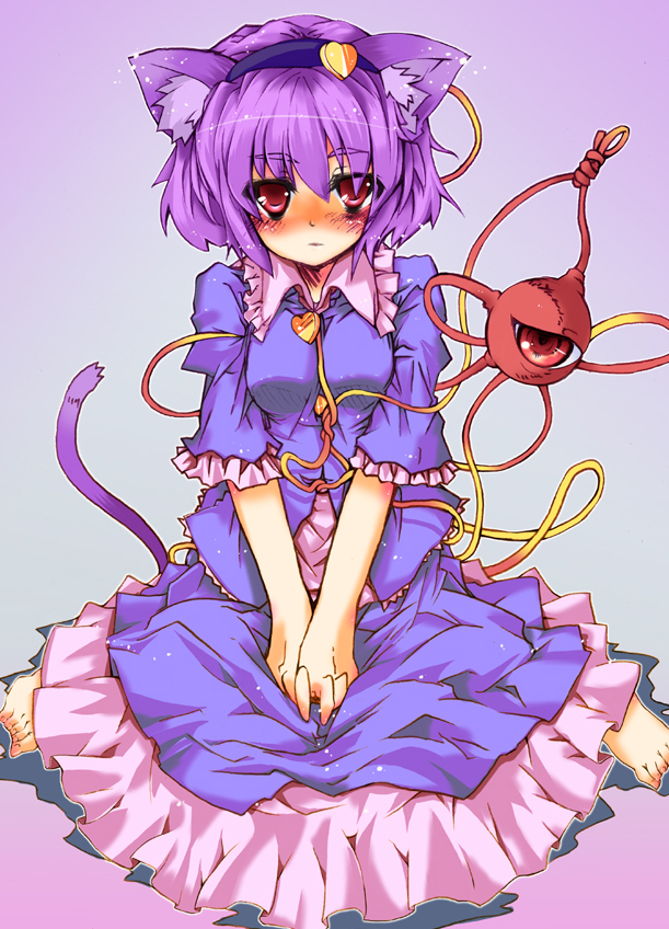 harii, harry (namayake), komeiji satori, touhou, bad id, bad pixiv id, 1girl, animal ears, barefoot, blush, breasts, cat ears, cat girl, cat tail, feet, female focus, hairband, heart, kneeling, purple hair, red eyes, short hair, solo, tail