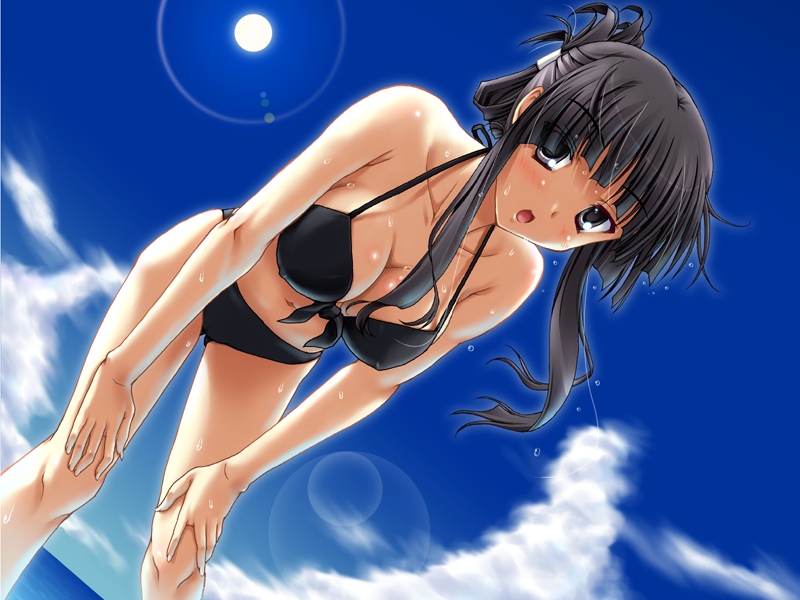 miyai sen, akiyama mio, k-on!, 00s, 1girl, alternate hairstyle, bent over, bikini, black eyes, black hair, breasts, cleavage, day, dutch angle, female focus, fingernails, front-tie top, large breasts, leaning forward, lens flare, long fingernails, long hair, navel, solo, strap gap, swimsuit, wet