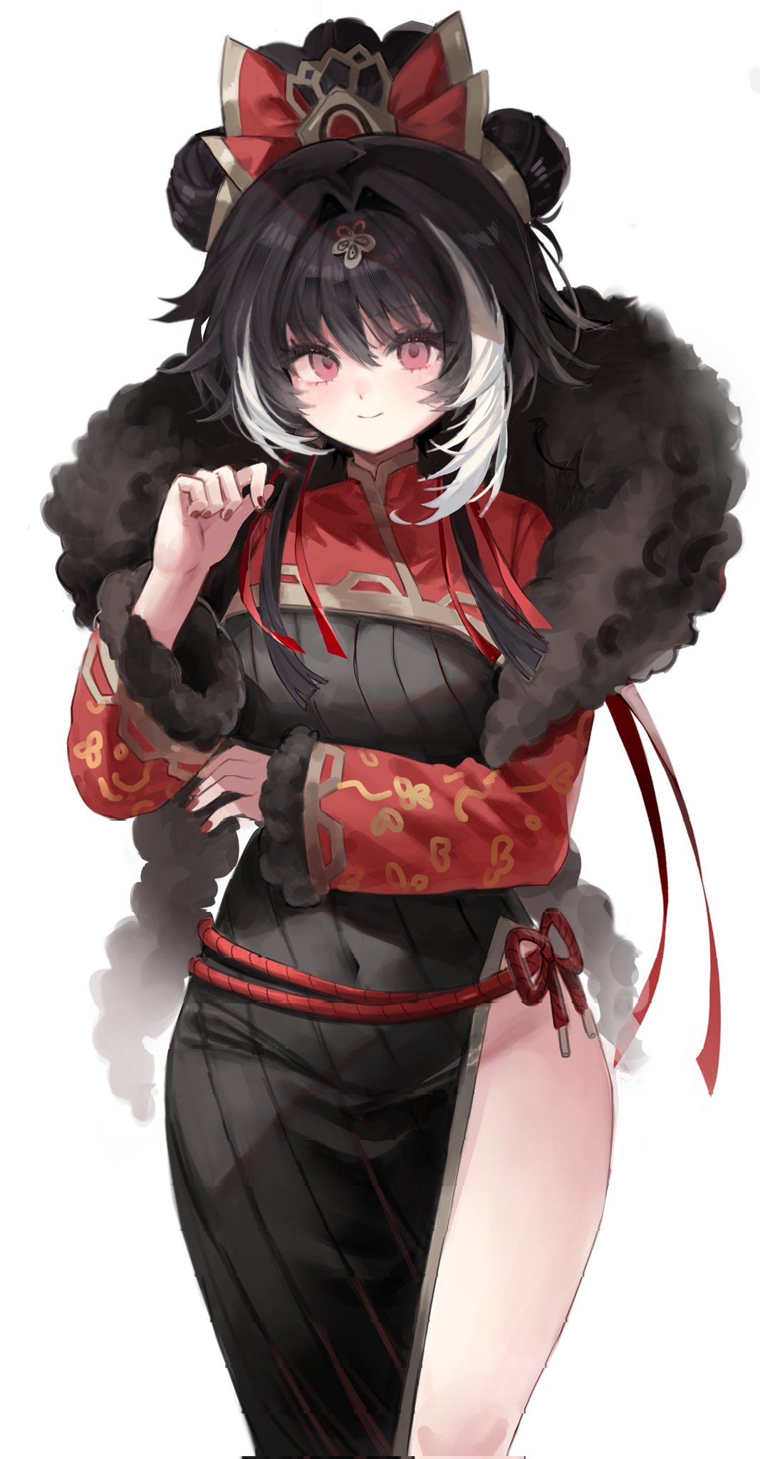 yuchan 00001, jia xichun (project moon), limbus company, project moon, highres, 1girl, black dress, black hair, bow, closed mouth, cowboy shot, double bun, dress, fur-trimmed sleeves, fur trim, hair bow, hair bun, looking at viewer, multicolored hair, pink eyes, red bow, red shrug, shrug (clothing), side slit, simple background, smile, solo, streaked hair, white background