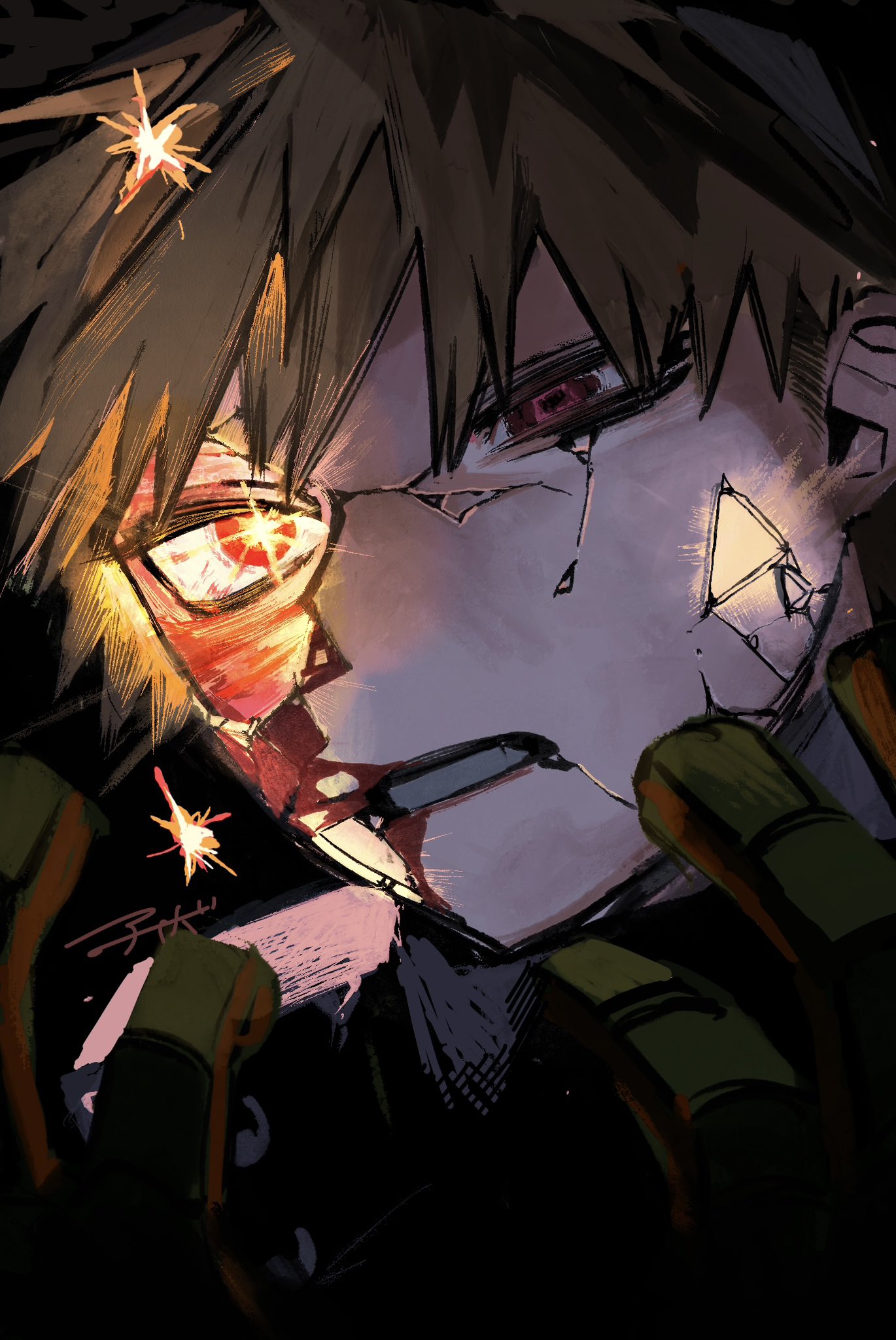 bakugou katsuki, boku no hero academia, commentary request, highres, 1boy, abo krbk, arms up, black background, blood, blood on face, broken mask, cracked kawaii mask, cracked mask, gloves, glowing, glowing eye, injury, male focus, mask, multicolored gloves, parted lips, red eyes, solo, upper body