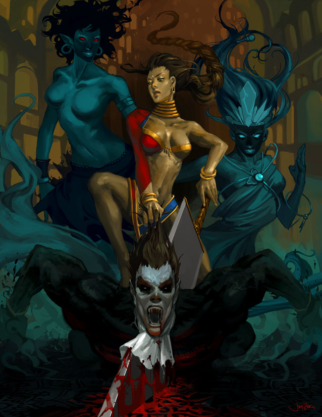 jen zee, demitri maximoff, donovan baine, capcom, darkstalkers, gender request, 1boy, 3girls, blood, braid, dark, genderswap, glowing, glowing eyes, guro, long hair, midnight bliss, multiple girls, red eyes, sword, topless female, vampire, weapon