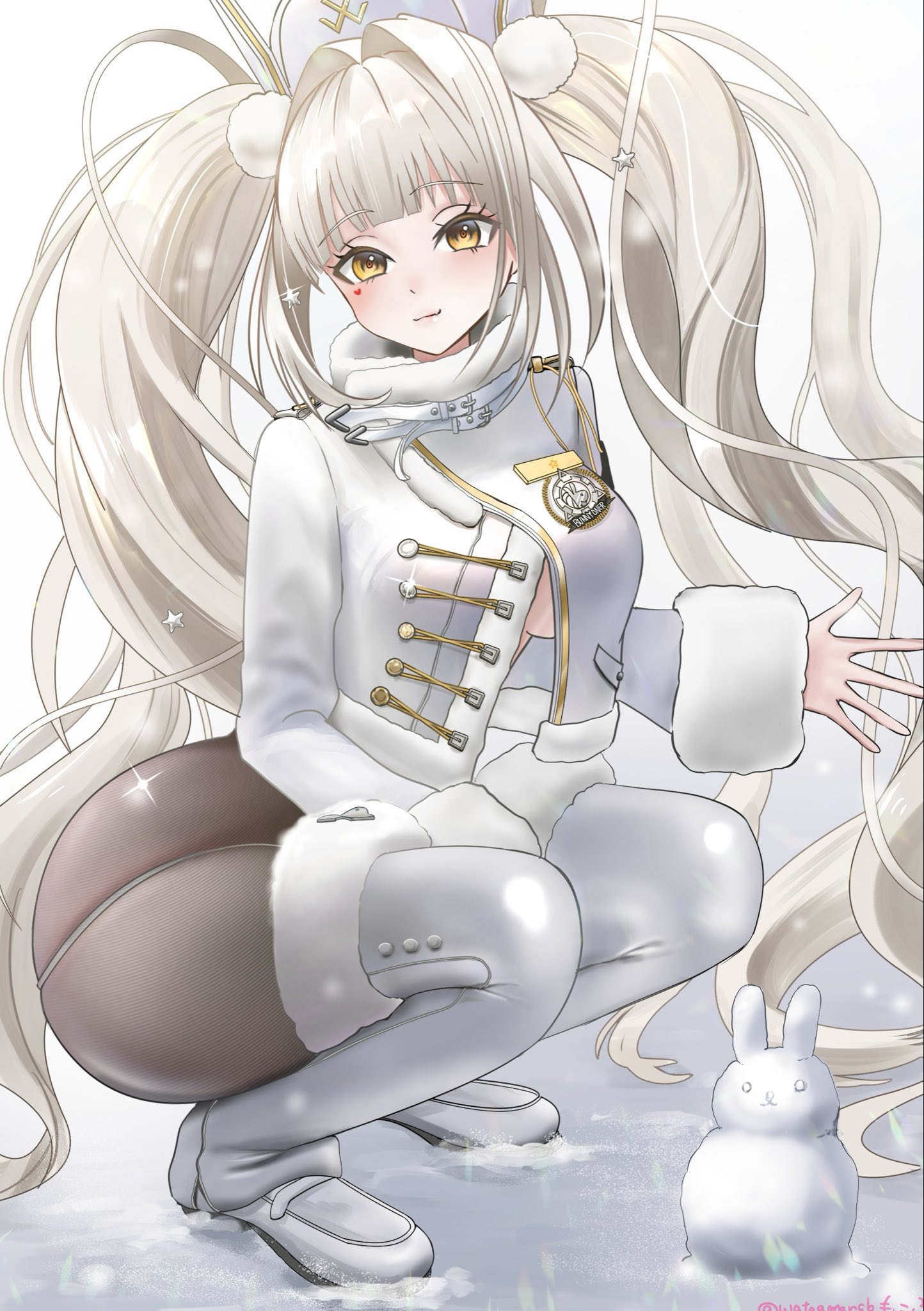 blanc (fortune express) (nikke), blanc (nikke), goddess of victory: nikke, highres, 1girl, armband, ass, black armband, black pantyhose, boots, coat, fang, fur-trimmed boots, fur-trimmed collar, fur trim, grey hair, hair intakes, high-waist pantyhose, official alternate costume, official alternate hairstyle, pantyhose, see-through pantyhose, skin fang, solo, split-color clothes, squatting, wataamergb, waving, white boots, winter clothes, winter coat, yellow eyes
