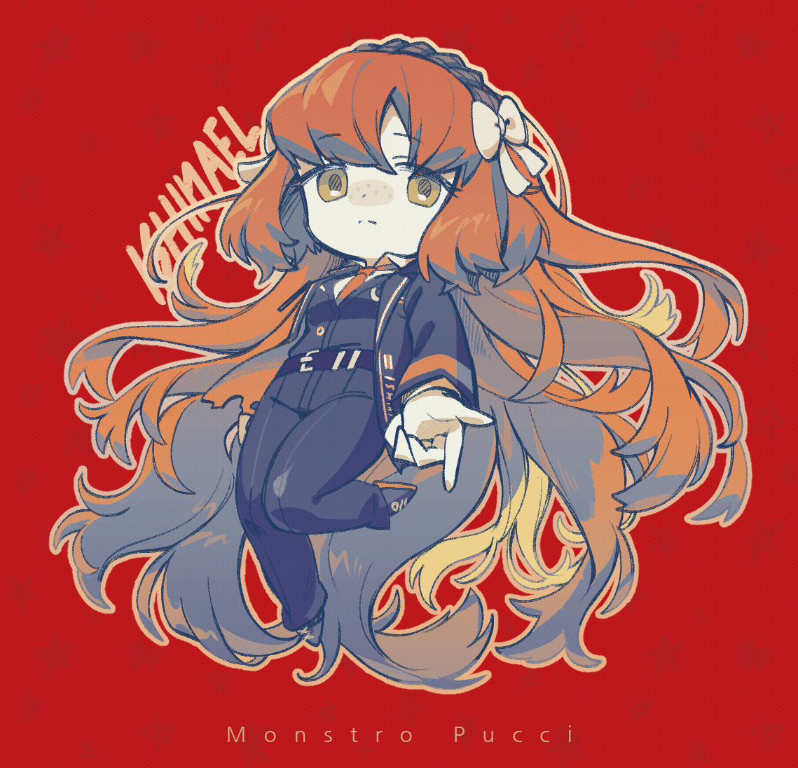 ishmael (project moon), limbus company, project moon, 1girl, belt, black belt, black jacket, black pants, black vest, bow, closed mouth, freckles, full body, green eyes, jacket, long hair, long sleeves, looking at viewer, monstro pucci, necktie, orange hair, pants, red background, red necktie, sidelocks, simple background, solo, very long hair, vest, white bow