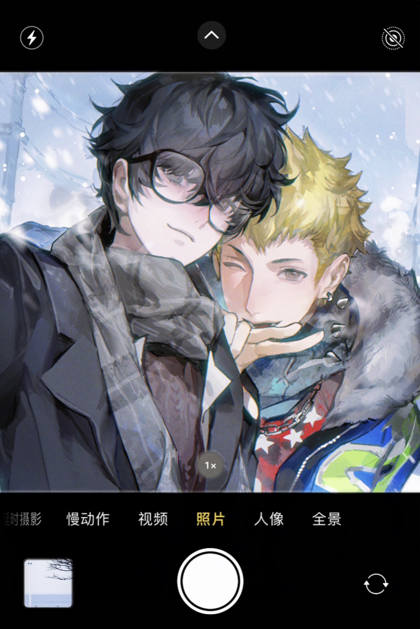 amamiya ren, sakamoto ryuuji, persona, persona 5, commentary, english commentary, highres, 2boys, arm up, black-framed eyewear, black coat, black hair, blonde hair, brown eyes, cellphone, chain, chain necklace, closed mouth, coat, ear piercing, earrings, fake phone screenshot, fake screenshot, fur-trimmed hood, fur trim, glasses, grey eyes, grey scarf, hood, jewelry, lapels, looking at viewer, male focus, maofan, multiple boys, necklace, notched lapels, one eye closed, phone, piercing, scarf, selfie, smile, snow, v, white fur, winter, winter clothes