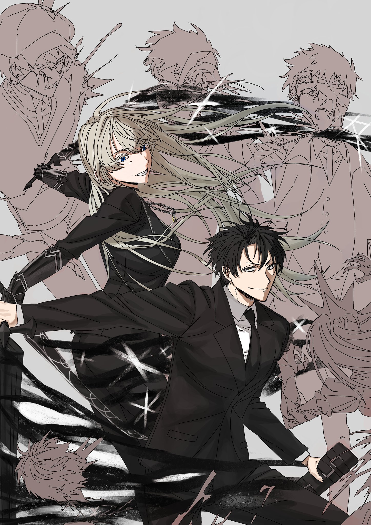 angelica (project moon), roland (project moon), library of ruina, project moon, highres, 1girl, 26pp0vxl7qg1rc1, 4boys, attack, black eyes, black hair, black jacket, black necktie, black pants, blue eyes, buttons, closed mouth, gauntlets, grin, holding, holding sword, holding weapon, jacket, lapels, long sleeves, looking at viewer, multiple boys, necktie, notched lapels, pants, pocket, smile, sword, weapon, white hair