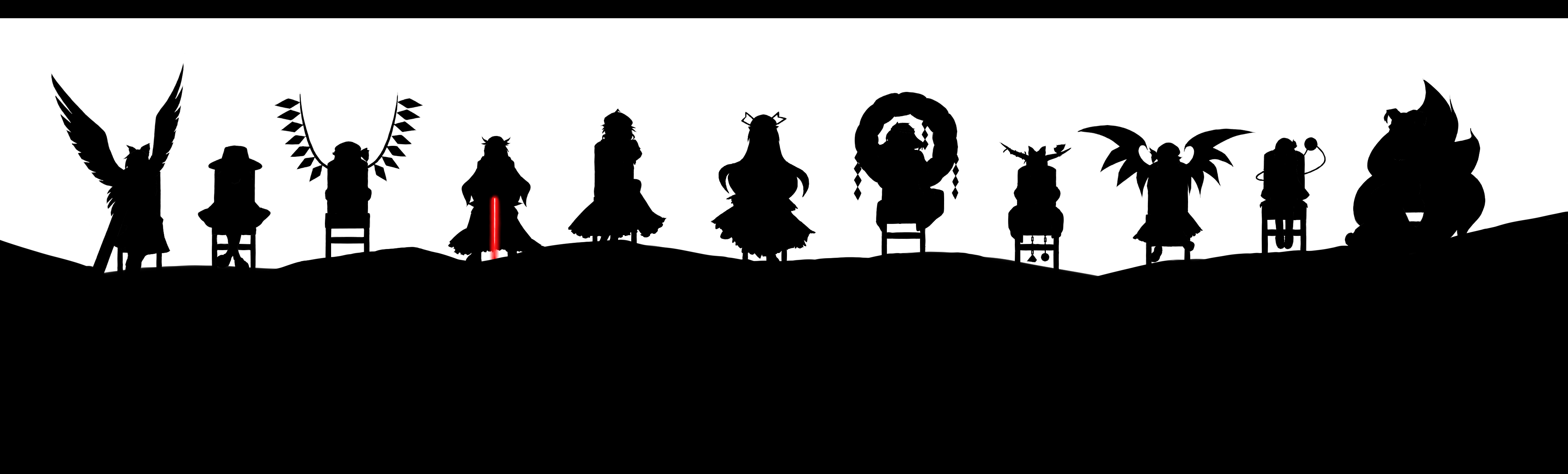 todo (artist), flandre scarlet, hinanawi tenshi, ibuki suika, komeiji koishi, moriya suwako, reiuji utsuho, remilia scarlet, saigyouji yuyuko, yakumo ran, yakumo yukari, yasaka kanako, ghost in the shell, ghost in the shell: stand alone complex, touhou, absurdres, highres, long image, wide image, 00s, 6+girls, everyone, female focus, multiple girls, silhouette