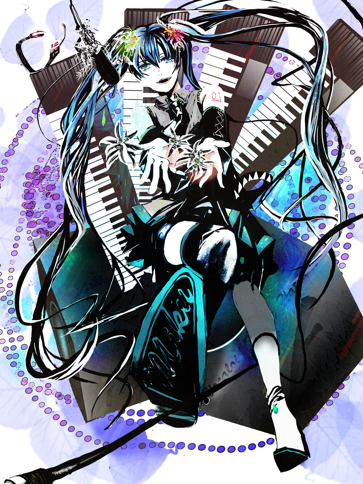 esukuni, s (torat), hatsune miku, vocaloid, bad id, bad pixiv id, highres, 1girl, blue eyes, blue hair, detached sleeves, female focus, flower, headset, instrument, keyboard, keyboard (instrument), legs, long hair, matching hair/eyes, microphone, necktie, skirt, smile, solo, thighhighs, twintails, very long hair