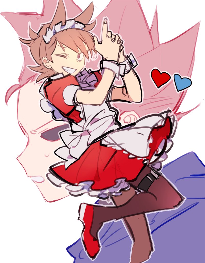 nana (ebitokanimiso), tom (eddsworld), eddsworld, bad id, bad twitter id, commentary, inactive account, painttool sai (medium), 2boys, alternate costume, animification, apron, black pantyhose, blue hoodie, brown eyes, brown hair, crossdressing, crossdressing (mtf), dress, enmaided, finger gun, from side, grin, hair ears, heart, hollow eyes, hood, hood down, hoodie, looking at viewer, maid, maid apron, maid day, maid headdress, male focus, male maid, multiple boys, one eye closed, pantyhose, red dress, red shoes, sharp teeth, shoes, short hair, simple background, sketch, smile, solo focus, standing, standing on one leg, teeth, thigh strap, tord (eddsworld), white apron, white background, wrist cuffs