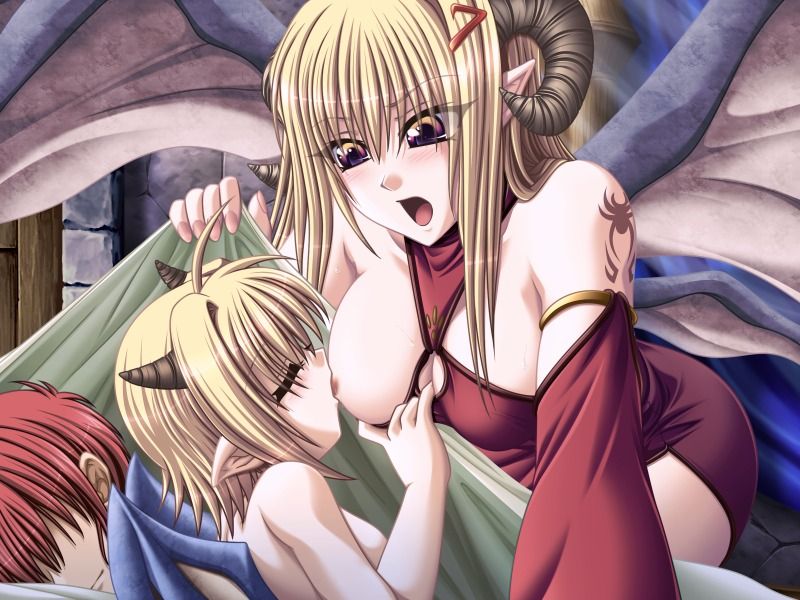 eushully, game cg, 1boy, 2girls, age difference, blonde hair, blush, breast sucking, breasts, brown eyes, closed eyes, demon girl, horns, large breasts, loli, long hair, mother and daughter, multiple girls, nipples, onee-loli, open mouth, short hair, sleeping, small breasts, tattoo, tongue, wings, yuri