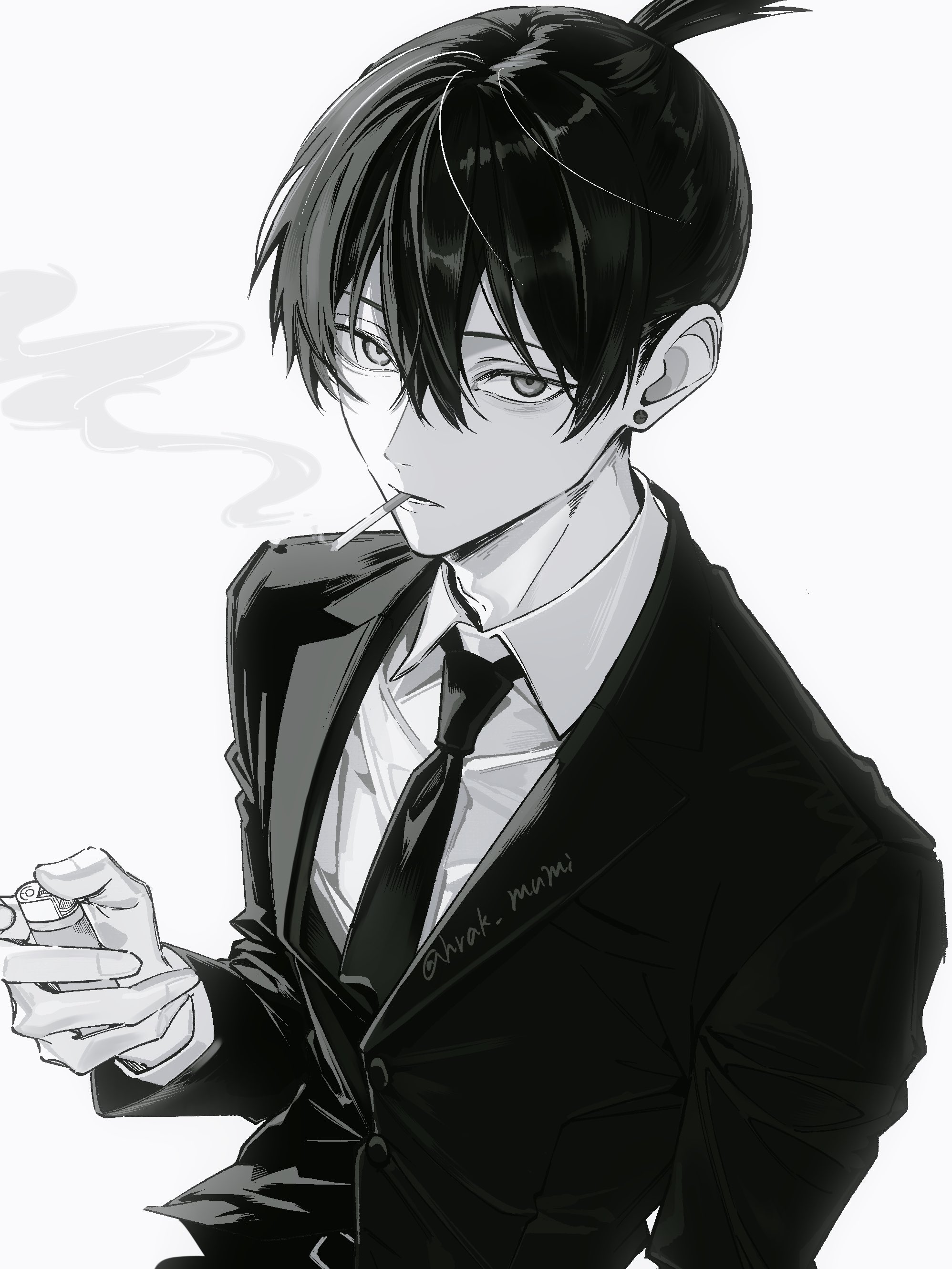 hrak mumi, hayakawa aki, chainsaw man, absurdres, commentary request, highres, 1boy, arm up, cigarette, collared shirt, double-parted bangs, earrings, hair between eyes, holding, holding lighter, jacket, jewelry, lapels, layered sleeves, lighter, long sleeves, looking at viewer, male focus, necktie, parted hair, piercing, ponytail, shirt, short hair, short ponytail, simple background, smoke, smoke trail, smoking, solo, stud earrings, suit jacket, twitter username, white background, wing collar