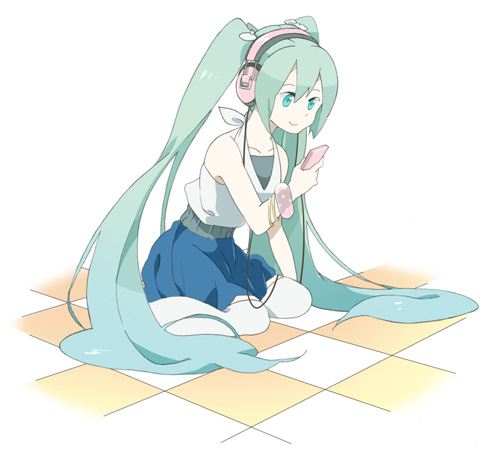hayato (meromoni), hatsune miku, vocaloid, 1girl, aqua eyes, aqua hair, cellphone, female focus, headphones, long hair, phone, skirt, smile, solo, twintails, very long hair, white background