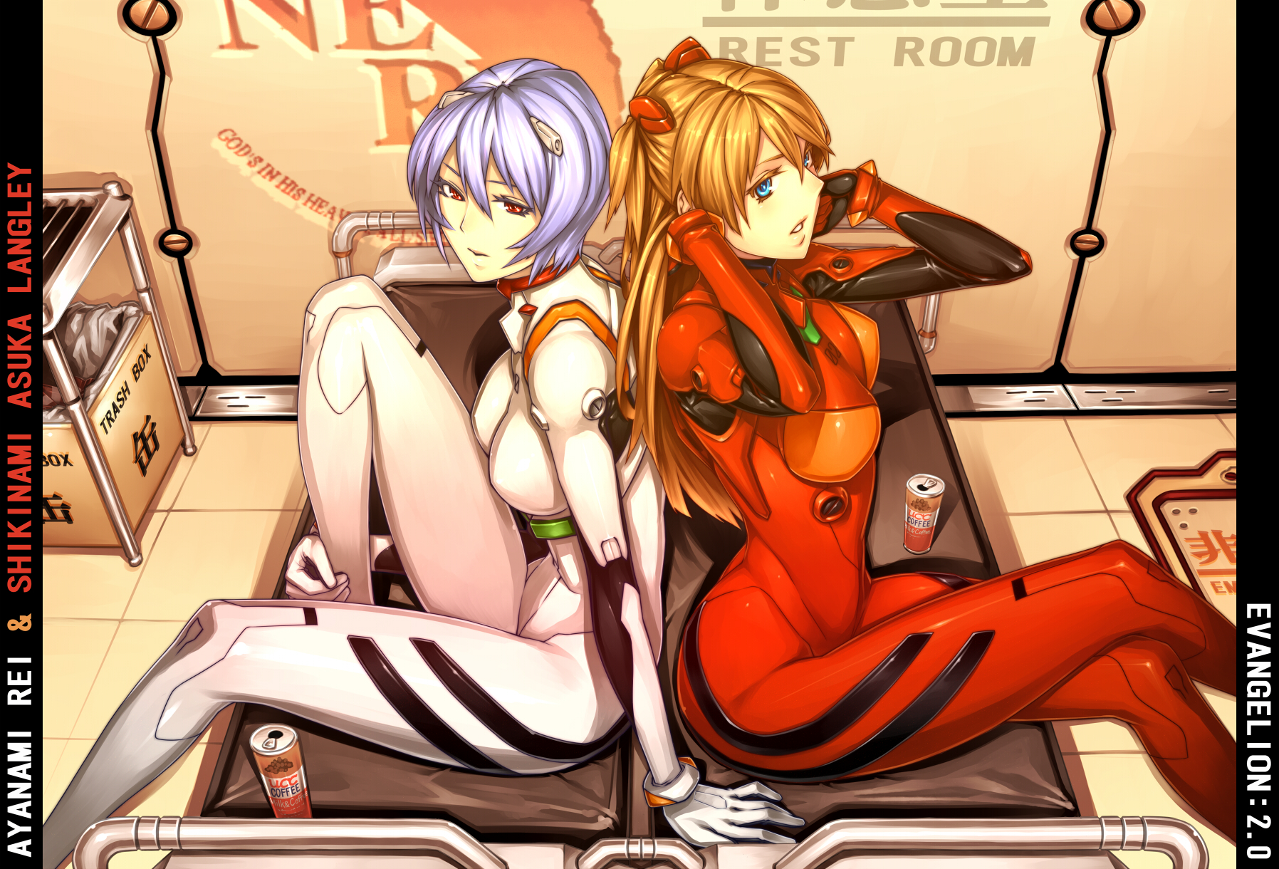 23 (real xxiii), ayanami rei, souryuu asuka langley, evangelion: 2.0 you can (not) advance, neon genesis evangelion, rebuild of evangelion, ucc coffee, highres, 00s, 2girls, adjusting hair, alternate breast size (larger), arm support, back-to-back, bench, blue eyes, blue hair, bodysuit, box, breasts, can, character name, coffee, colored eyelashes, copyright name, crossed legs, drink, english text, from side, gloves, hair between eyes, hair ornament, indoors, knee up, logo, long hair, looking at viewer, looking back, mecha pilot suit, multiple girls, nerv, orange hair, parted bangs, parted lips, pillarboxed, plugsuit (evangelion), red eyes, short hair, sitting, tile floor, tiles, trash can, two side up