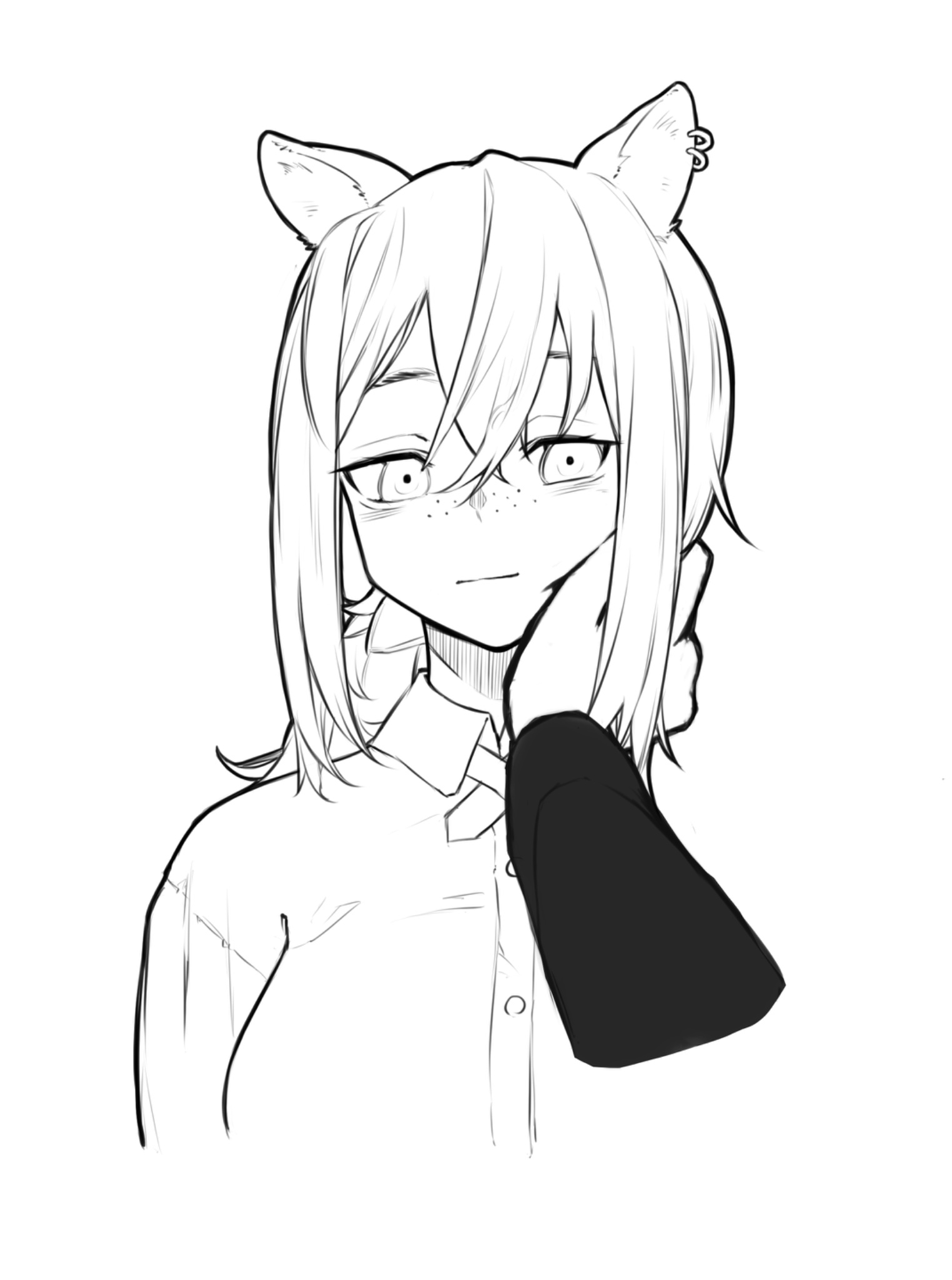 tubuan (tubuan03), robin (arknights), arknights, highres, animal ear piercing, animal ears, freckles, hand on another's face, long hair, looking at viewer, monochrome, ponytail, pov, pov hands, raccoon ears, shirt