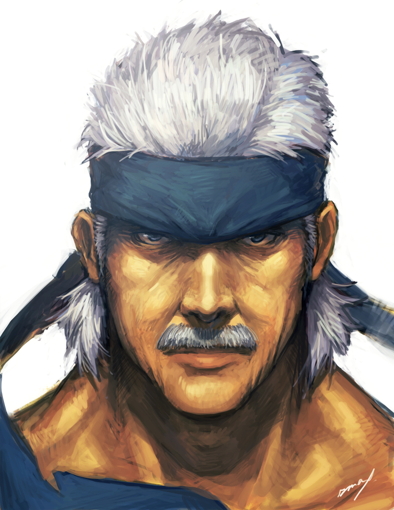 old snake, solid snake, metal gear (series), metal gear solid 4: guns of the patriots, artist request, 1boy, blue eyes, facial hair, grey hair, headband, male focus, mustache, solo