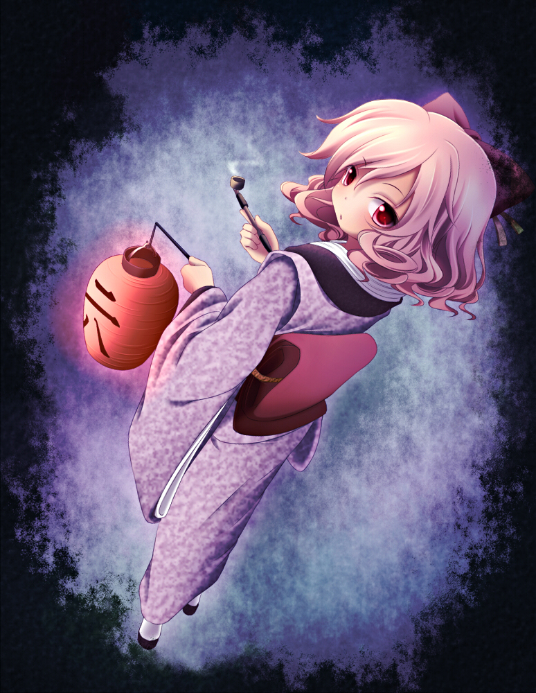 sui. (ayase), luna child, eastern and little nature deity, touhou, touhou sangetsusei, 1girl, blonde hair, bow, female focus, hair bow, japanese clothes, kimono, kiseru, lantern, paper lantern, pink hair, red eyes, short hair, smoking pipe, solo