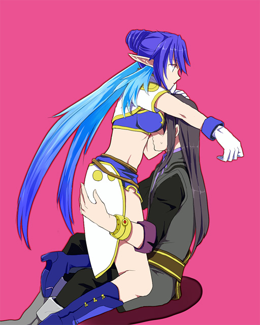 judith (tales), yuri lowell, tales of (series), tales of vesperia, blue footwear, 00s, 1boy, 1girl, black hair, blue hair, boots, bracelet, gloves, jewelry, knee boots, long hair, pink background, pointy ears