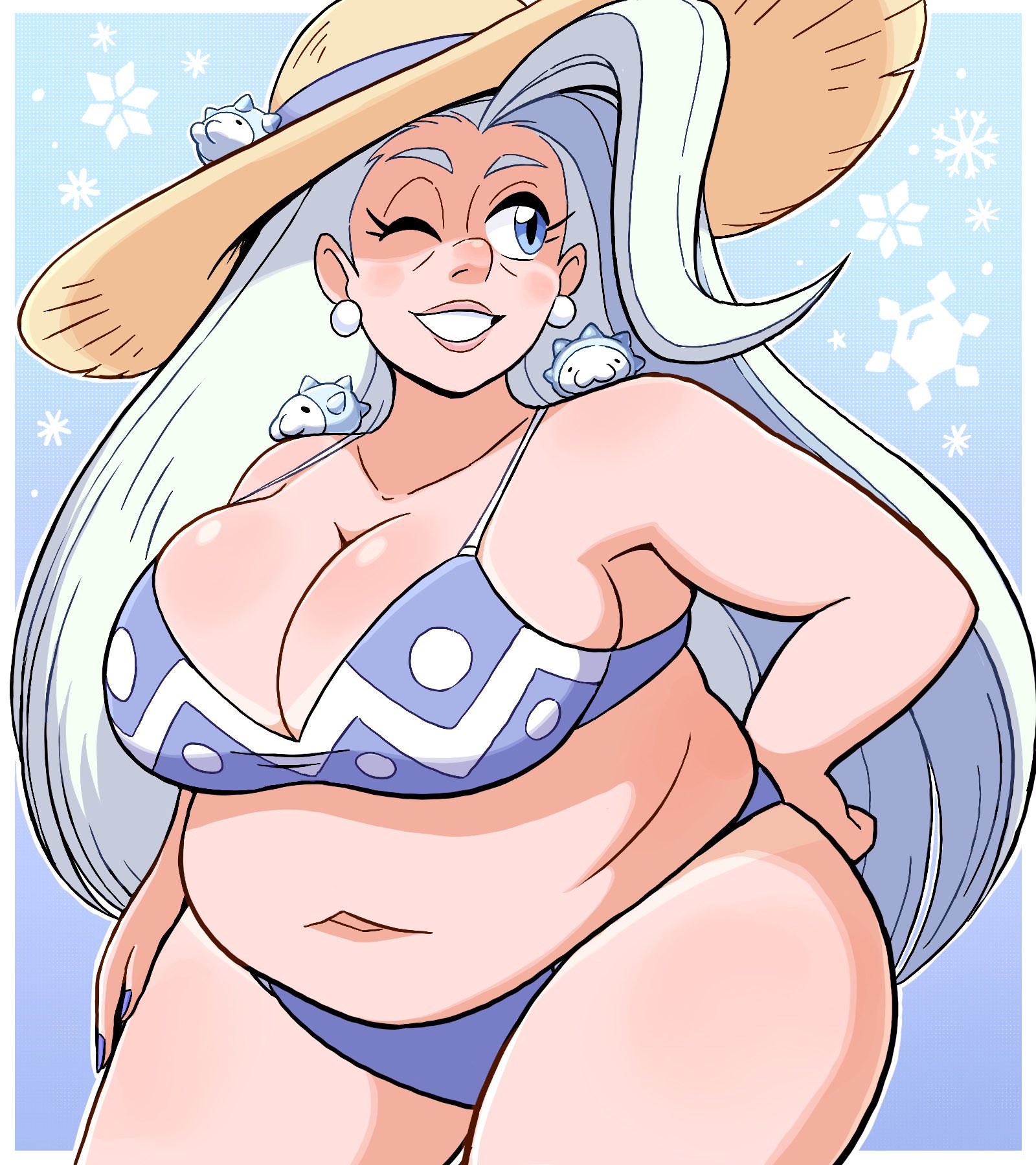 lolomendoza, melony (pokemon), snom, nintendo, pokemon, pokemon swsh, highres, 1girl, bikini, blonde hair, blue background, blue bikini, blue eyes, blue nails, breasts, fat, fat woman, gen 8 pokemon, grey hair, hand on own hip, hat, large breasts, mature female, multicolored hair, nail polish, one eye closed, plump, pokemon (creature), smile, straw hat, swimsuit, thick thighs, thighs, wide hips, wink