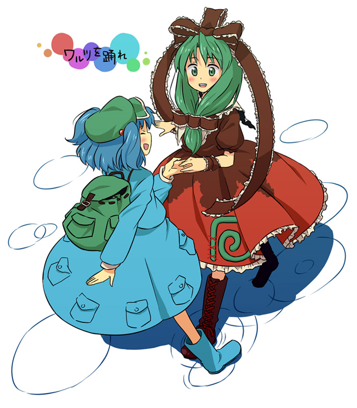 kannari, kagiyama hina, kawashiro nitori, touhou, 2girls, backpack, bag, blue hair, boots, female focus, front ponytail, green eyes, green hair, hair ribbon, hat, holding hands, multiple girls, randoseru, ribbon, two side up