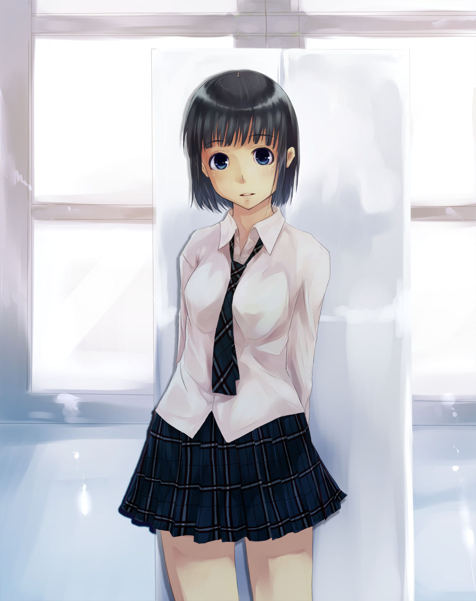akino komichi, original, bad id, bad pixiv id, highres, 1girl, black hair, blue eyes, female focus, indoors, necktie, plaid clothes, plaid skirt, school uniform, short hair, skirt, solo, square-end necktie
