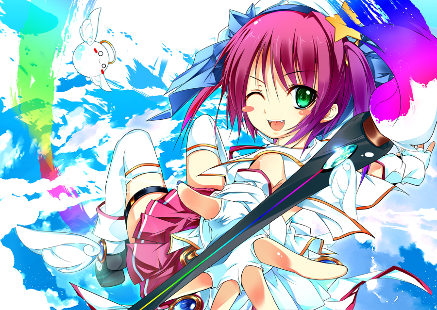 shirokitsune, original, bad id, bad pixiv id, art brush, blush, fingerless gloves, gloves, green eyes, hair ribbon, halo, looking back, one eye closed, open mouth, paintbrush, pink hair, ribbon, skirt, solo, star (symbol), thighhighs, wings, wink