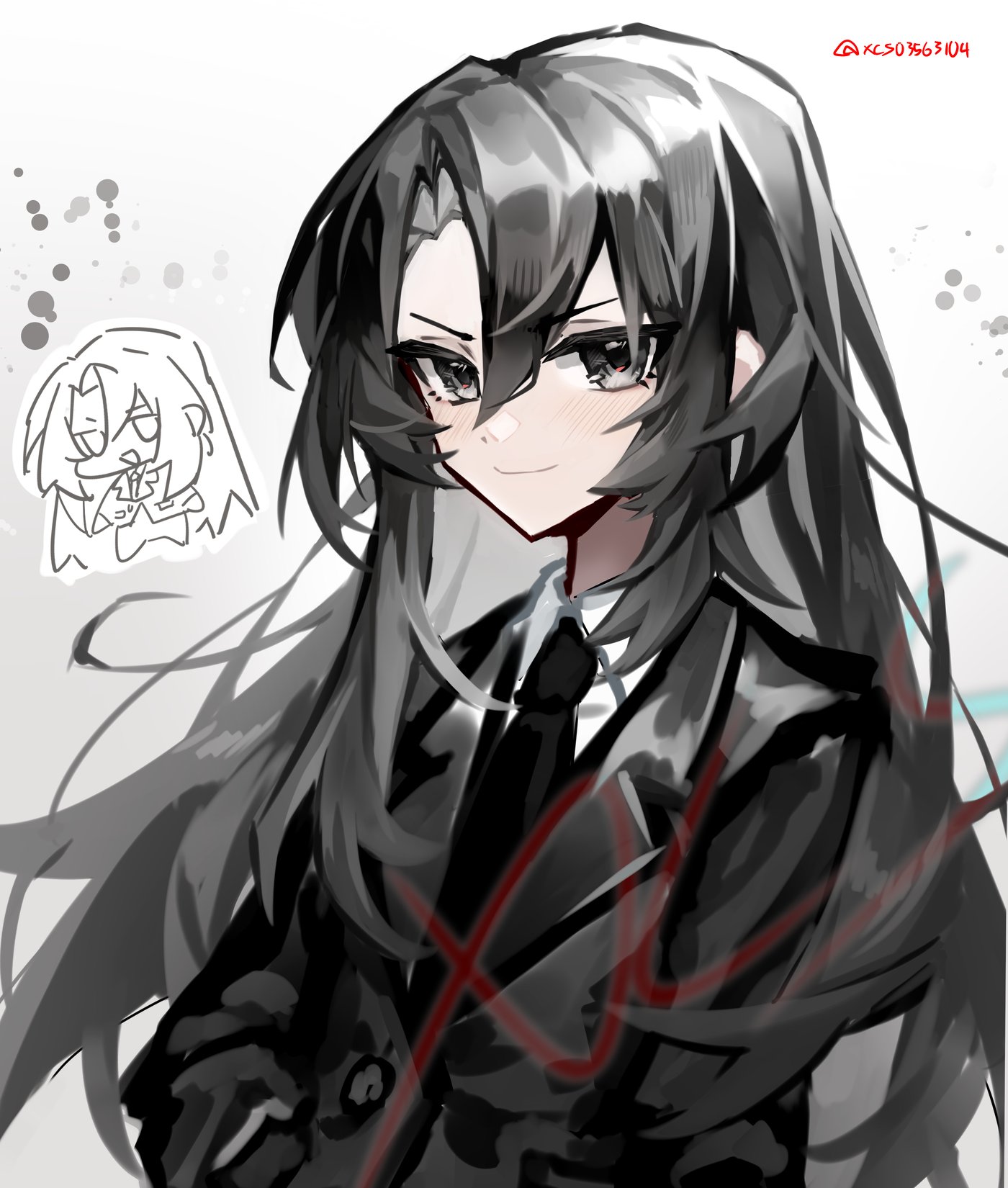 roland (project moon), library of ruina, project moon, highres, 1girl, black eyes, black hair, black jacket, black necktie, black suit, closed mouth, collared shirt, formal clothes, genderswap, genderswap (mtf), jacket, looking at viewer, necktie, shirt, simple background, smile, solo, suit, white background, white shirt, xcs03563104
