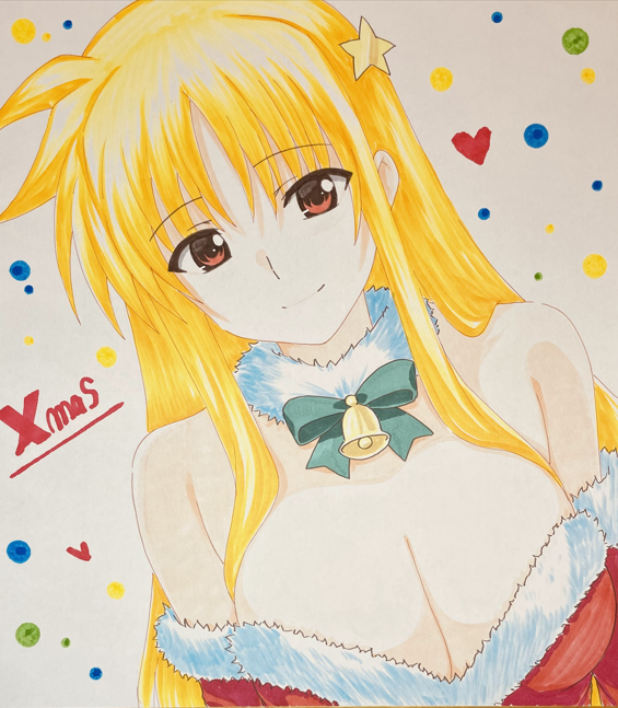 engo (aquawatery), fate testarossa, lyrical nanoha, mahou shoujo lyrical nanoha strikers, commentary request, 1girl, bare shoulders, bell, blonde hair, bow, bowtie, breasts, christmas, cleavage, closed mouth, detached collar, dress, fur-trimmed collar, fur-trimmed dress, fur trim, green bow, green bowtie, hair ornament, heart, large breasts, long hair, looking at viewer, neck bell, red dress, red eyes, santa costume, santa dress, smile, solo, star (symbol), star hair ornament