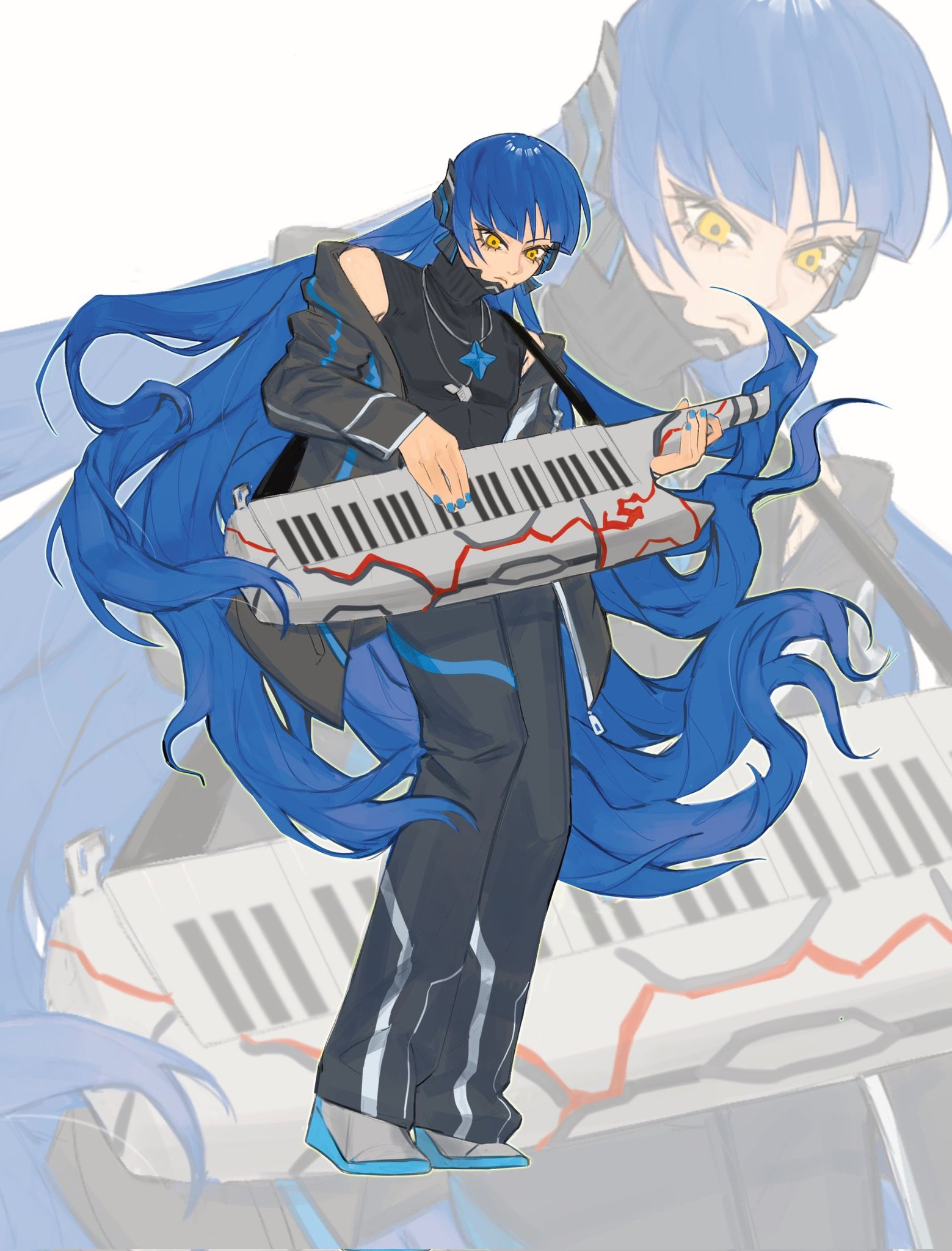 protagonist (smtv), shin megami tensei, shin megami tensei v, commentary, highres, symbol-only commentary, 1boy, androgynous, black jacket, black pants, blue hair, blue nails, catfish05, closed mouth, full body, holding, holding instrument, instrument, jacket, jewelry, keytar, long hair, long sleeves, male focus, music, necklace, open clothes, open jacket, pants, playing instrument, simple background, solo, standing, very long hair, white background, yellow eyes, zoom layer