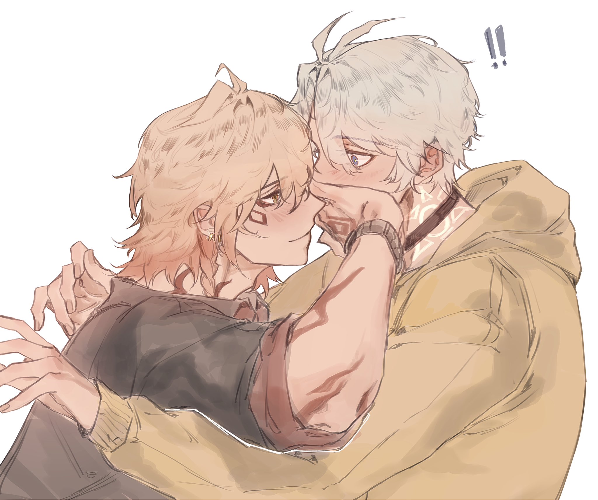 mydei (honkai: star rail), phainon (honkai: star rail), honkai: star rail, honkai (series), highres, !, !!, 2boys, alternate costume, antenna hair, arm tattoo, black choker, black shirt, blue eyes, blush, bracelet, braid, brown eyes, choker, closed mouth, covering another's mouth, eye contact, gradient hair, hand over another's mouth, hand tattoo, hood, hood down, hoodie, hover hand, jewelry, looking at another, male focus, multicolored hair, multiple boys, neck tattoo, pikminpurplest, red tattoo, shirt, side braid, simple background, smile, sun symbol, sun tattoo, tan, tattoo, upper body, white background, white hair, wide-eyed, yaoi, yellow hoodie