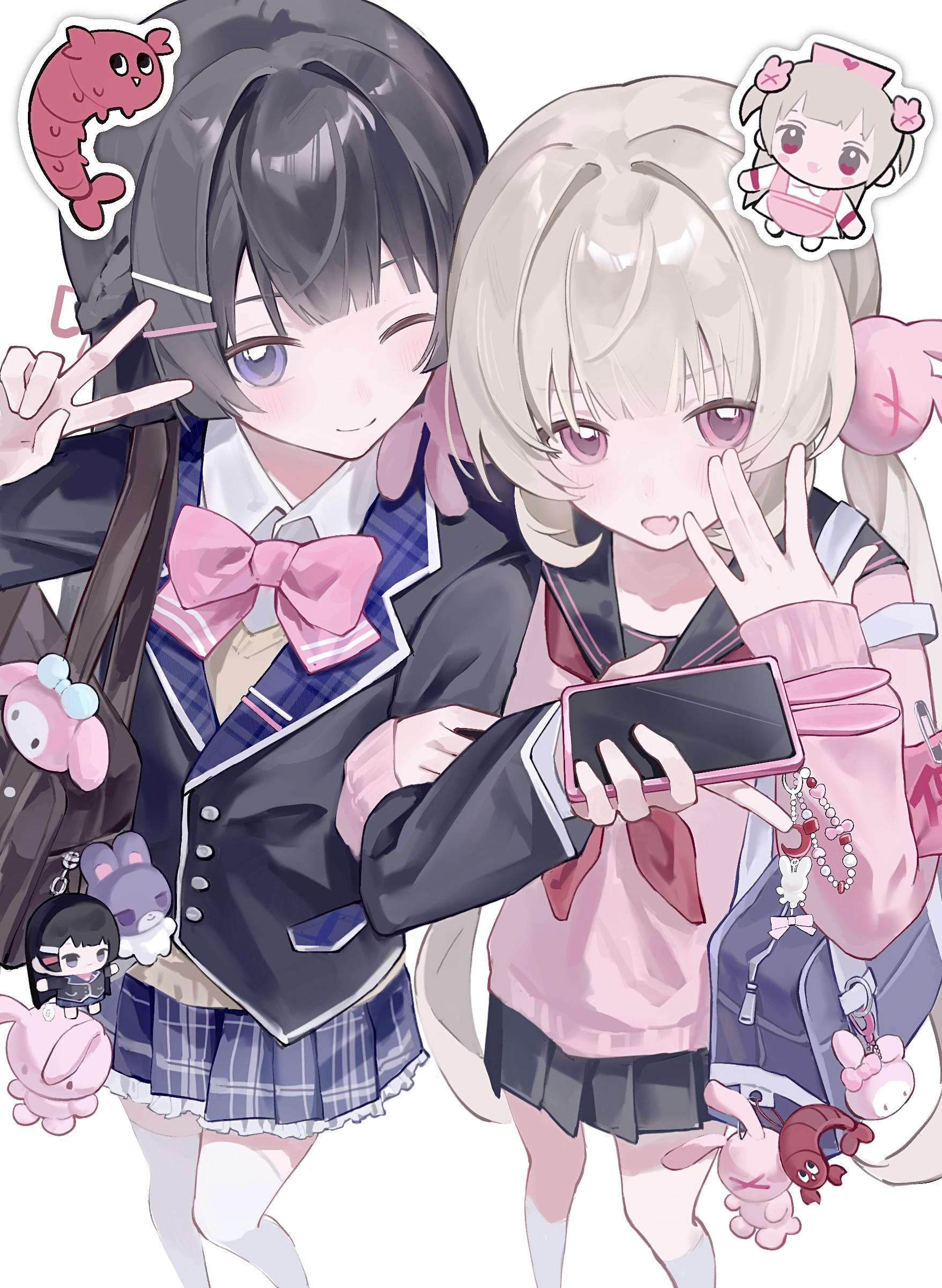 natori sana, natori sana (school uniform), tsukino mito, tsukino mito (1st costume), nijisanji, sana channel, absurdres, chinese commentary, commentary request, highres, 2girls, bag, bag charm, black hair, black jacket, black sailor collar, black skirt, blazer, blue eyes, blue skirt, bow, bowtie, brown hair, cardigan, character charm, charm (object), chibi, chibi inset, collared shirt, cowboy shot, guji (gujji 0302), hair ornament, hand up, holding, holding phone, jacket, lapels, long hair, looking at viewer, low twintails, miniskirt, multiple girls, neckerchief, official alternate costume, one eye closed, outline, phone, pink bow, pink bowtie, pink cardigan, pink eyes, pleated skirt, rabbit hair ornament, red neckerchief, sailor collar, school bag, school uniform, serafuku, shirt, shoulder bag, shrimp, simple background, skirt, smile, sticker, stuffed toy, thighhighs, twintails, v, virtual youtuber, white background, white thighhighs, zettai ryouiki