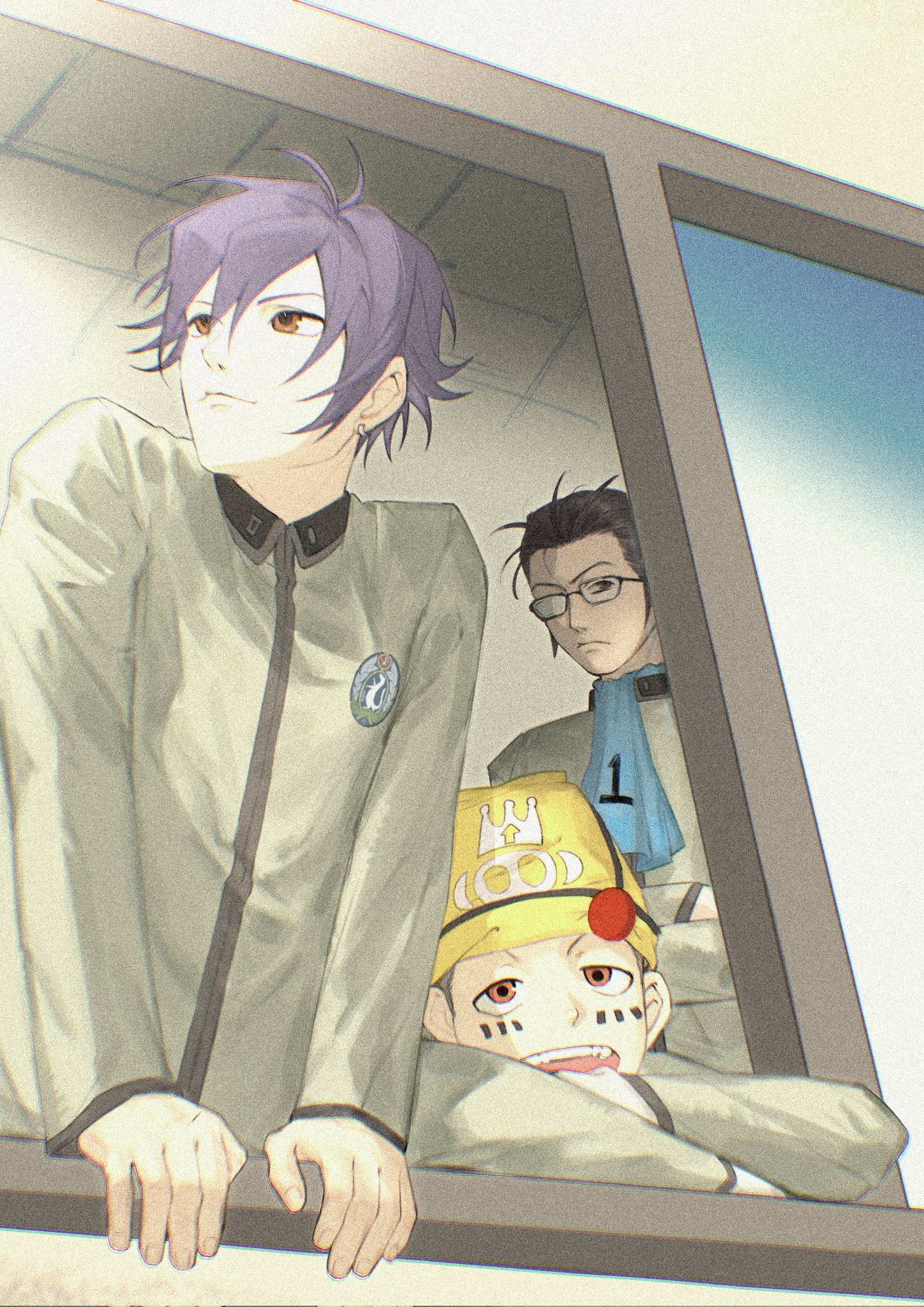 inaba masao, nanjou kei, toudou naoya, persona, persona 1, chinese commentary, commentary request, highres, 3boys, ascot, black hair, blue ascot, brown eyes, catfish05, closed mouth, glasses, grey jacket, hat, jacket, long sleeves, male focus, multiple boys, open mouth, purple hair, school uniform, short hair, st. hermelin school uniform, standing, window, yellow hat
