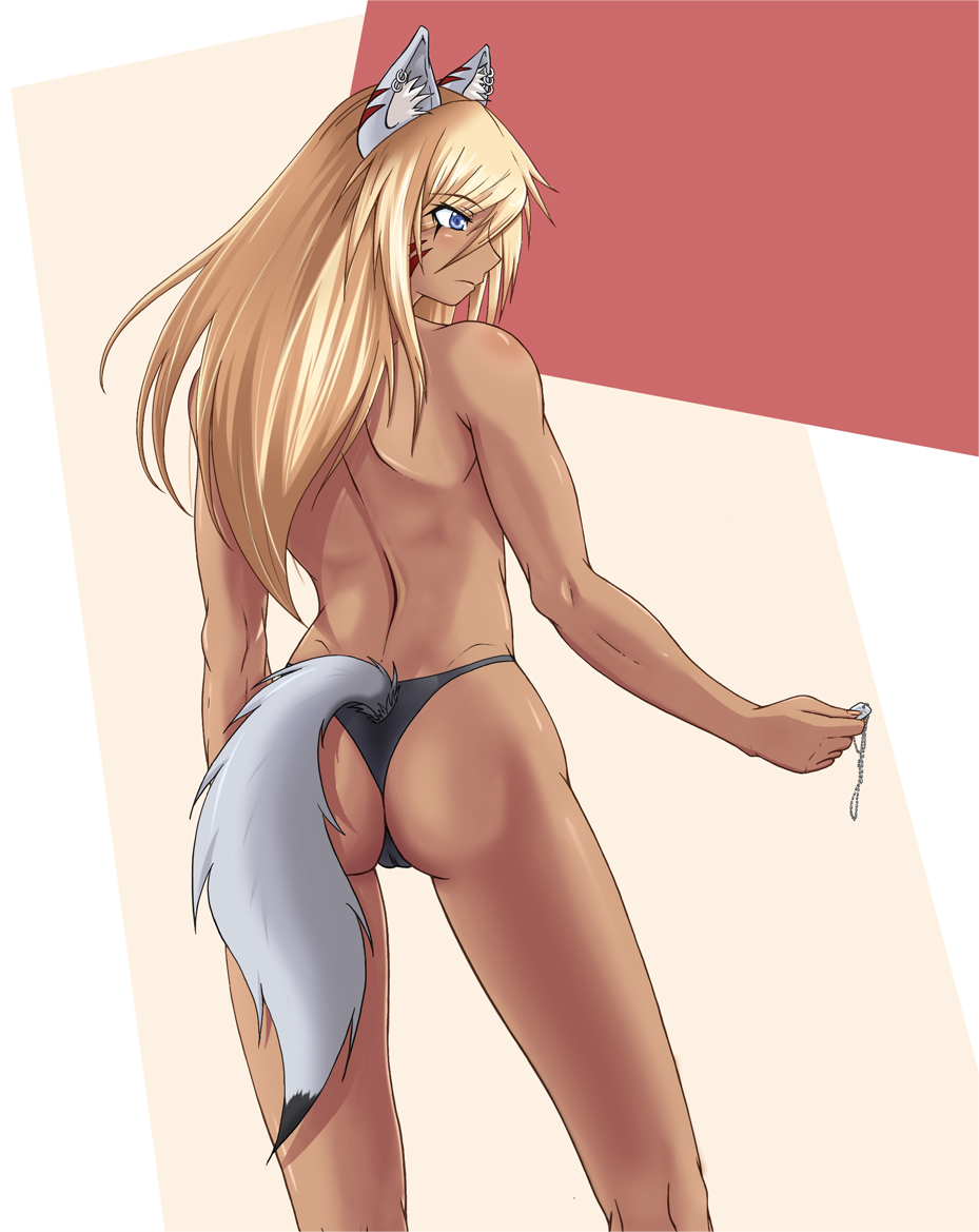 foxhound220, original, 1girl, animal ears, ass, back, bikini, bikini bottom only, black bikini, blonde hair, blue eyes, cameltoe, clothing cutout, dark-skinned female, dark skin, dog tags, earrings, facial mark, female focus, flat ass, from behind, frown, jewelry, legs, long hair, muscular, serious, solo, swimsuit, tail, tail through clothes, thong bikini, toned, toned female, topless female, wolf ears, wolf tail