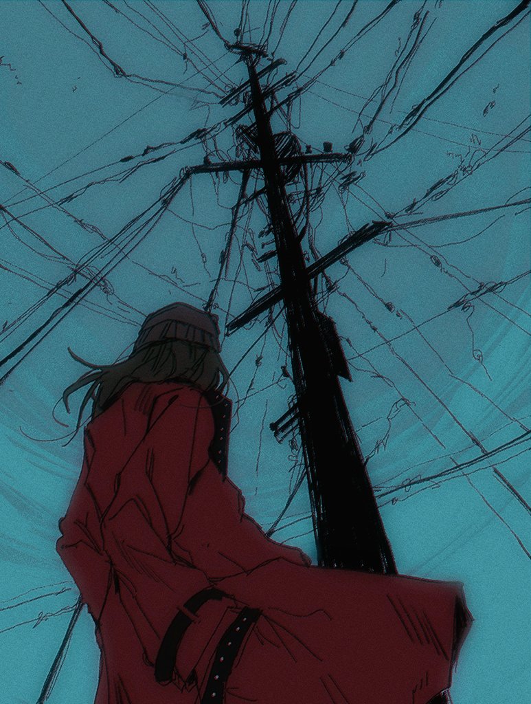 aragaki shinjirou, persona, persona 3, 1boy, beanie, brown hair, coat, cowboy shot, floating hair, grey hat, hand in pocket, hat, jottbeng, long sleeves, male focus, medium hair, power lines, red coat, solo, standing, utility pole