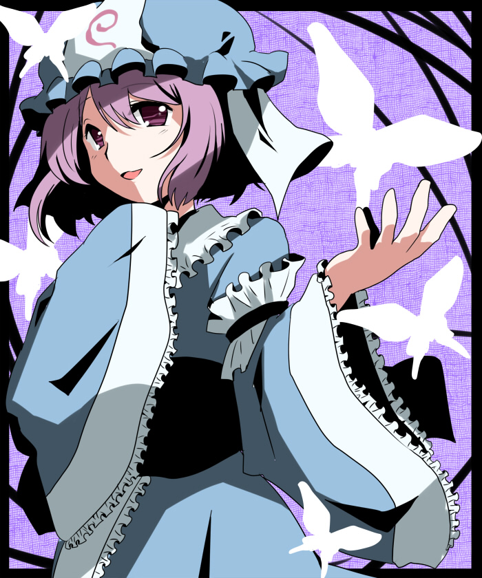 marimo danshaku, saigyouji yuyuko, touhou, bad id, bad pixiv id, 1girl, blue hat, blue kimono, bug, butterfly, collar, dress, female focus, frilled sleeves, frills, hat, insect, japanese clothes, kimono, long sleeves, mob cap, open mouth, pink hair, purple eyes, sash, short hair, sleeves past wrists, solo, triangular headpiece, white collar, wide sleeves