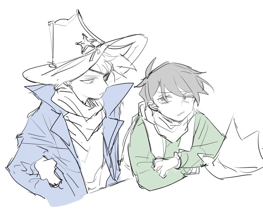 nana (ebitokanimiso), edd (eddsworld), tom (eddsworld), eddsworld, bad id, bad twitter id, inactive account, painttool sai (medium), 2boys, animification, blue coat, coat, cowboy hat, cowboy western, edward gold (eddsworld), eyepatch, green shirt, hat, long sleeves, male focus, multiple boys, neckerchief, official alternate costume, open clothes, open coat, partially colored, sheriff (western), shirt, short hair, simple background, sketch, thompson (eddsworld), unworn hat, unworn headwear, white background